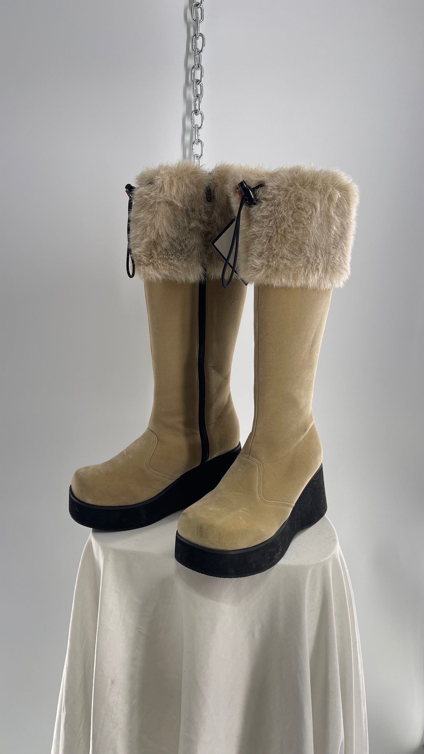 Vintage Faux Fur Trim Tan Platform Wedge Knee High Boots (6)