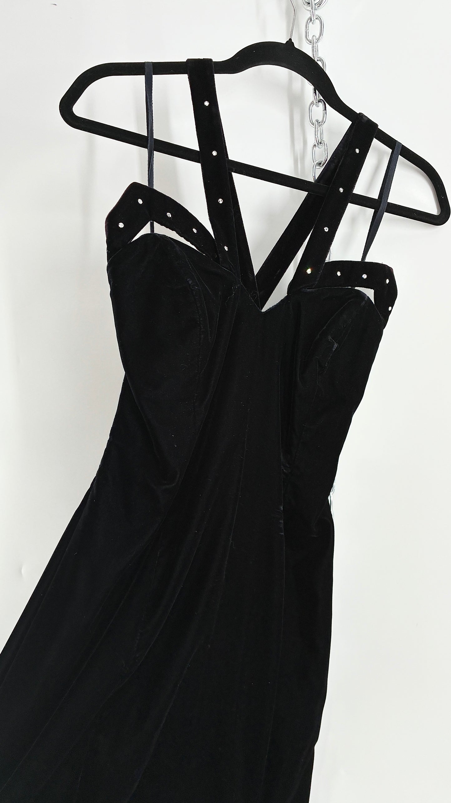 Vintage Handmade Velvet Gown with Pointed Bust Lined in Rhinestones and Dramatic Side Slit (S/M)