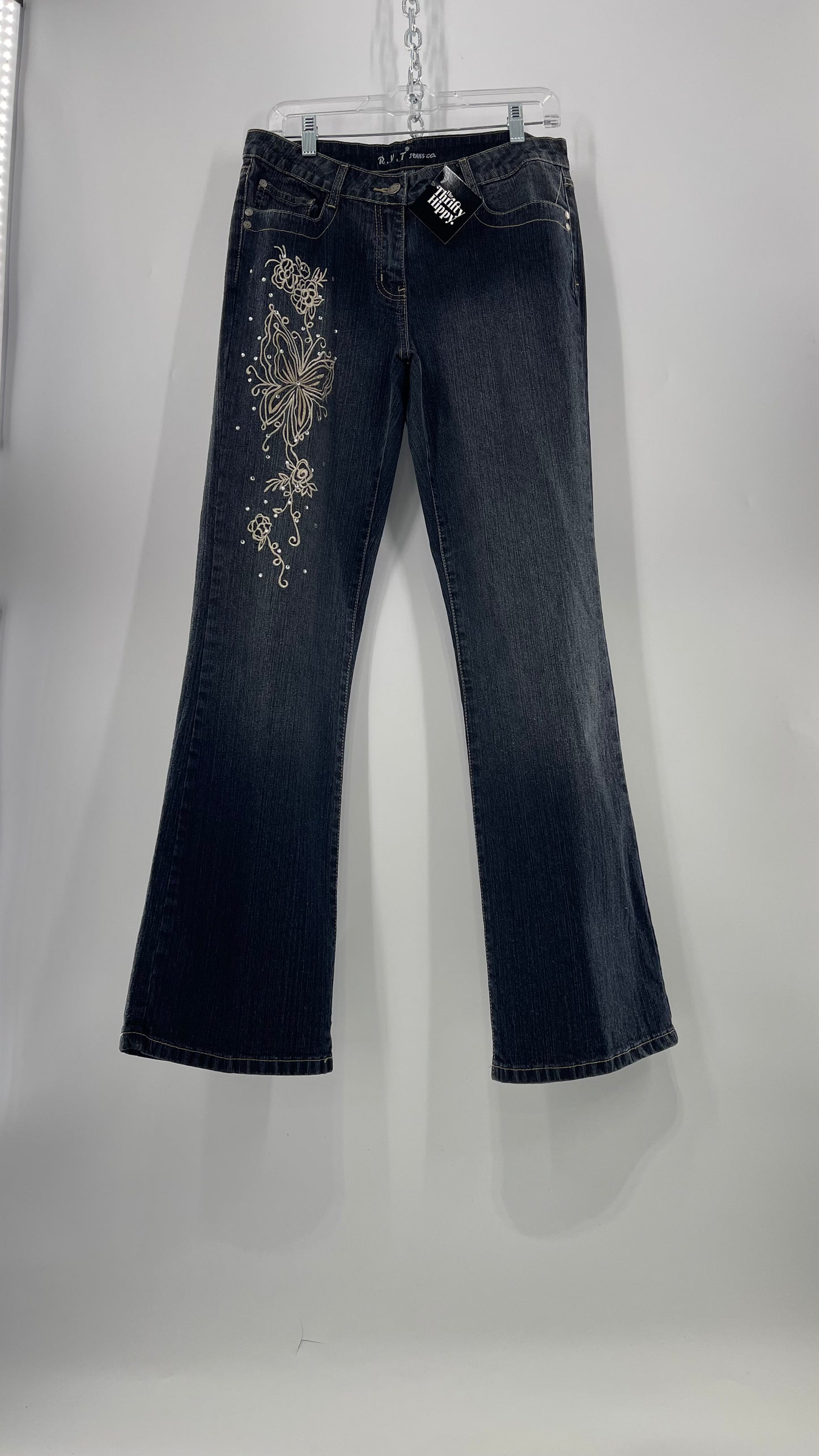 Vintage RVT Grey Kickflare Jeans with Butterfly Embroidery and Rhinestone Embellishment (9/10)