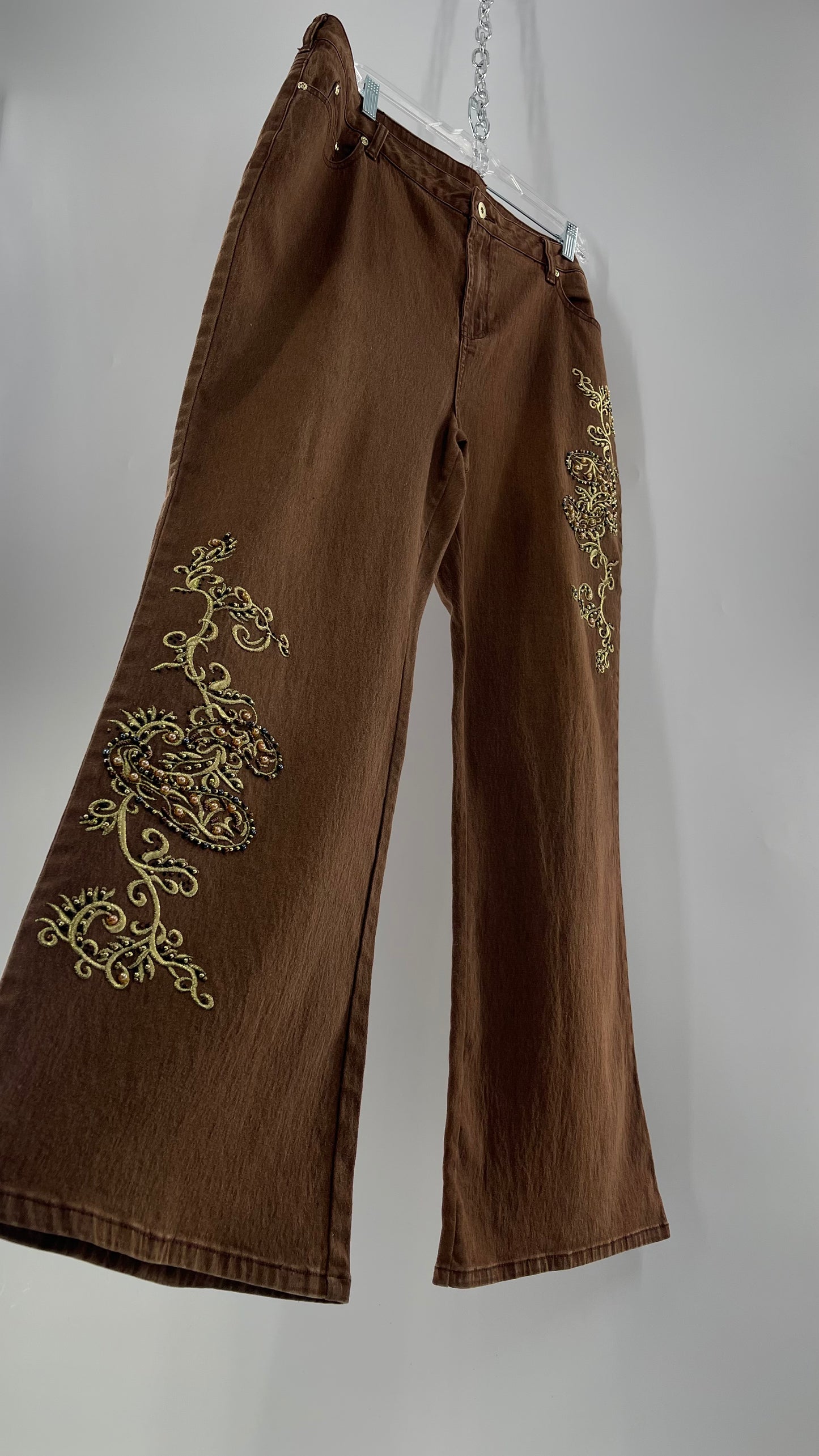 Vintage Midnight Velvet Embroidered + Beaded Brown Flares (18W)