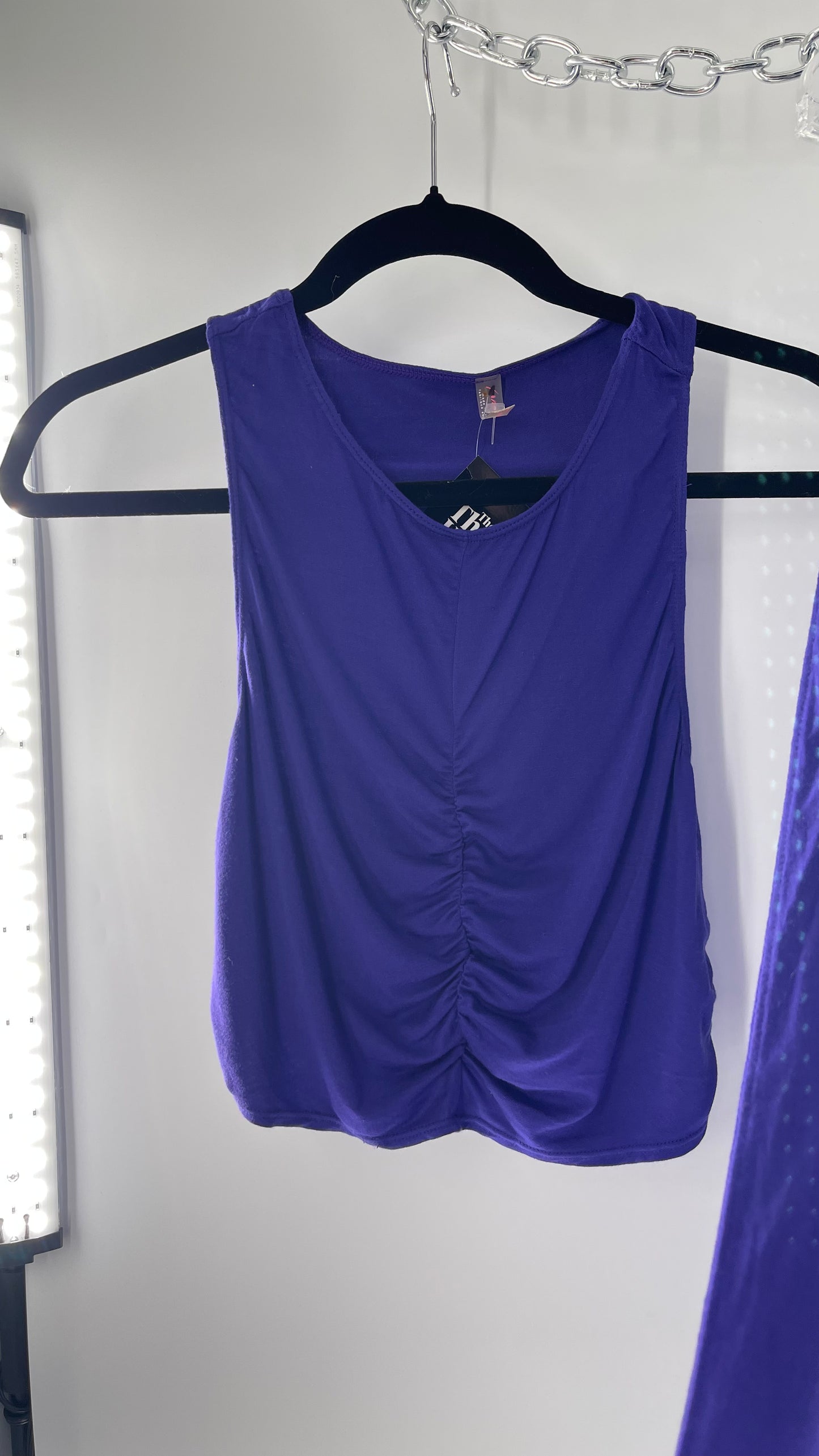 Free People 2 Piece Cobalt Purple Ruched Tank+ Cut Out Hip Strap Detail Flared Bottoms Set (Small)