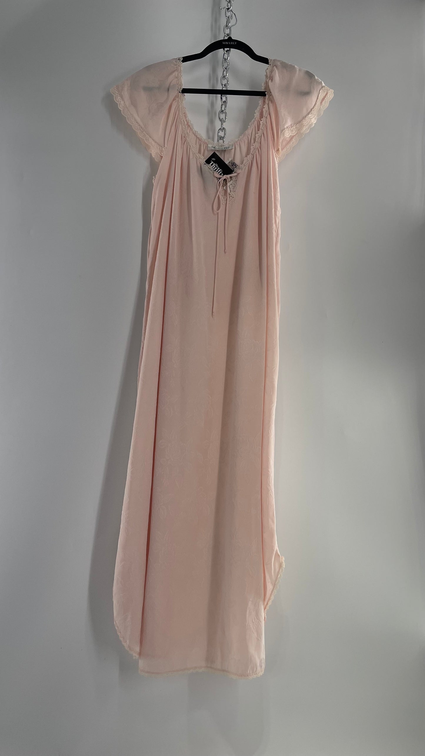 Vintage Christian Dior Pink Night Gown/ Maxi Dress with Floral Embossed Design, Lace Trim and Rosettes (Large)
