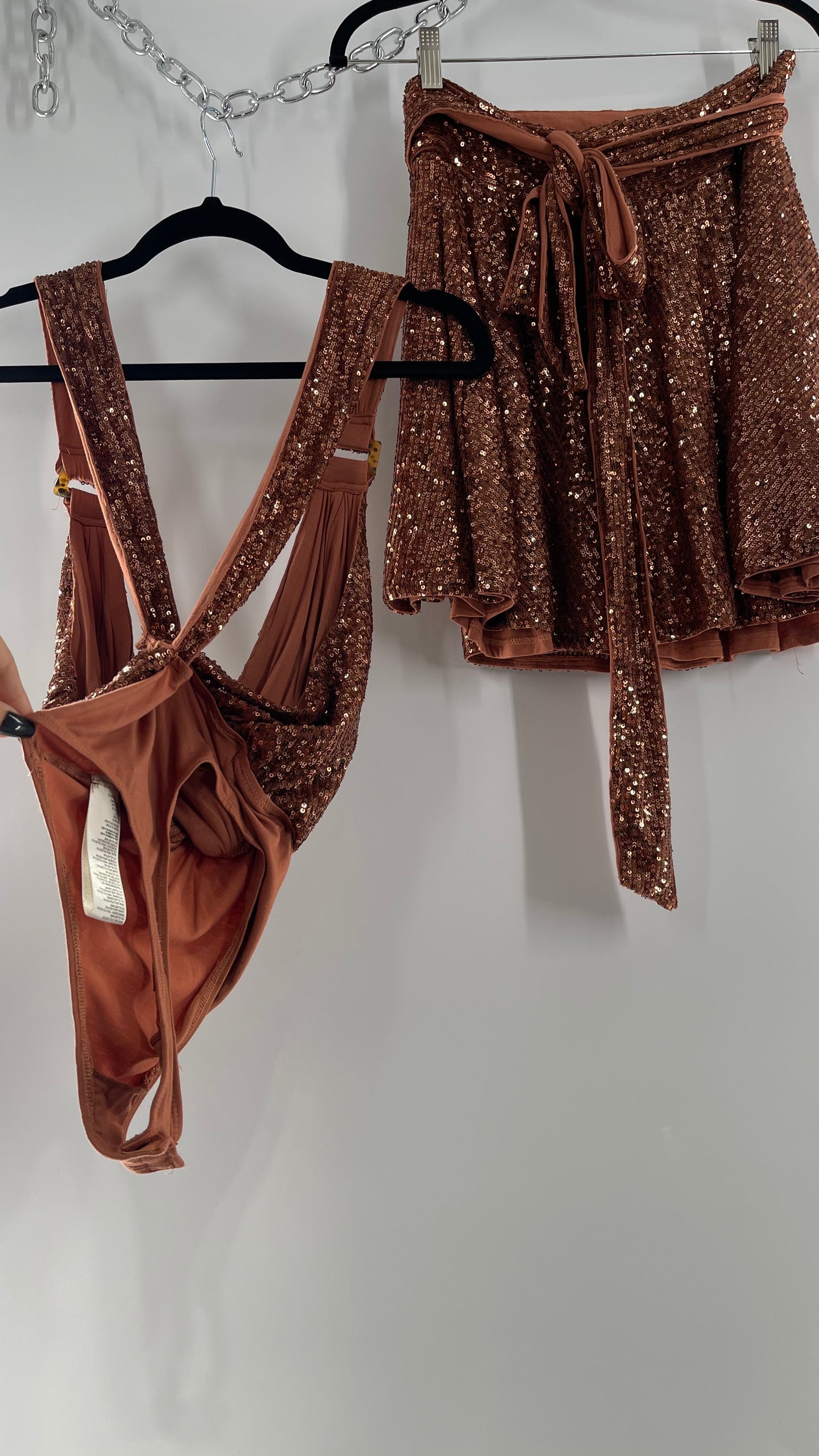 Free People Bronze Sequin 2Piece Set with Wrap Around Skirt and Bodysuit (XS body, S Skirt)