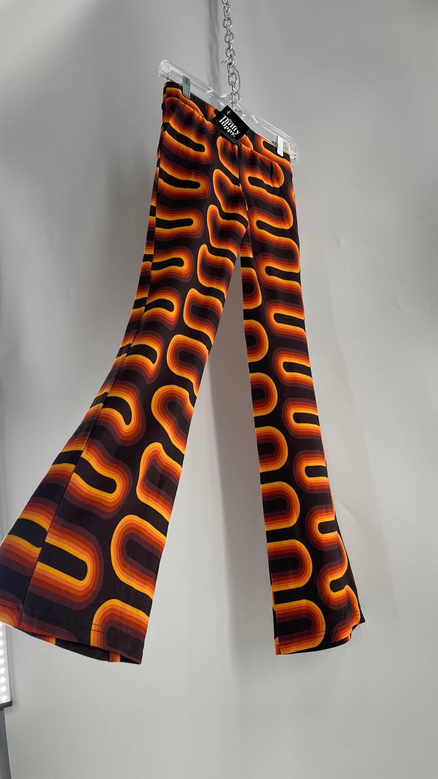 Urban Outfitters Brown Flare Pants with Retro Orange Arch Pattern (XS)