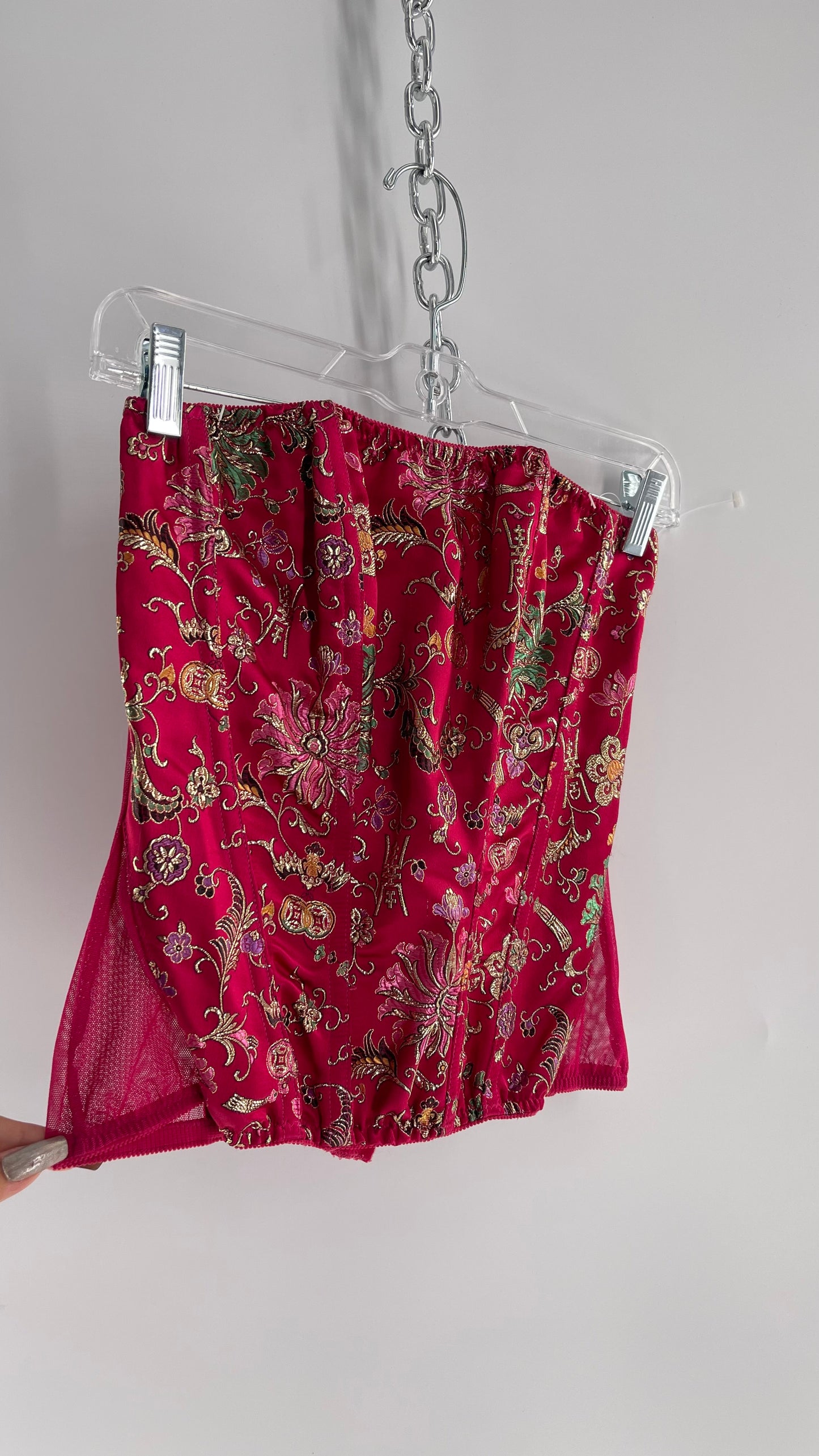 Vintage 1990s HOT Hot Pink Jacquard Metallic Boned Corset with Mesh Back and Hips (Small)