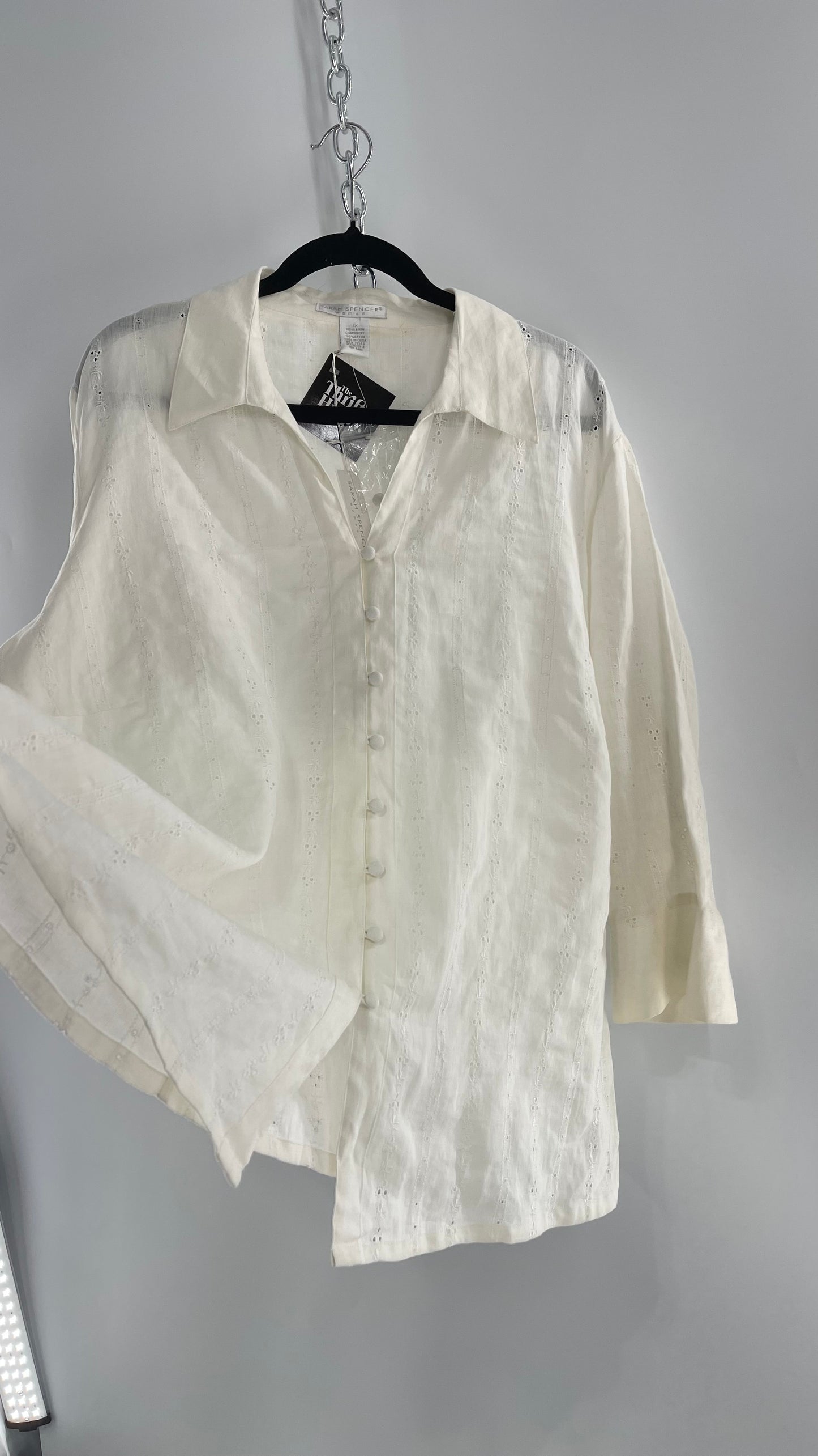 Sarah Spencer Off White 100% Embroidered Linen Blouse with Tags Attached (3X)