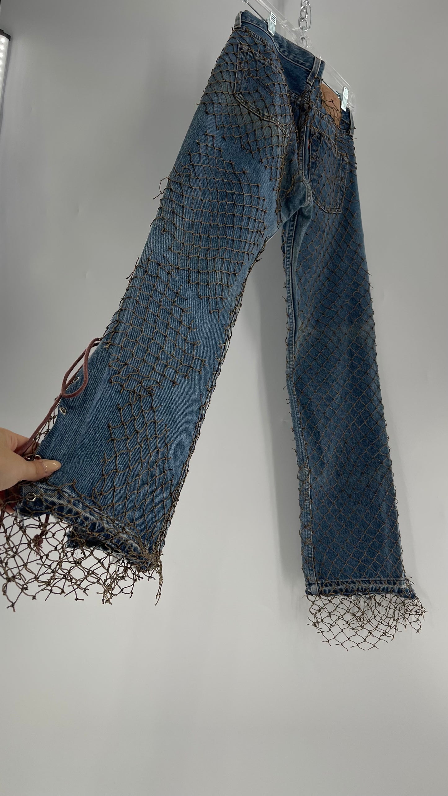 Custom - Fishnet Levi’s with Grommets and Lace Up Sides (Waist 29 Length 30) Fits Like a 26*