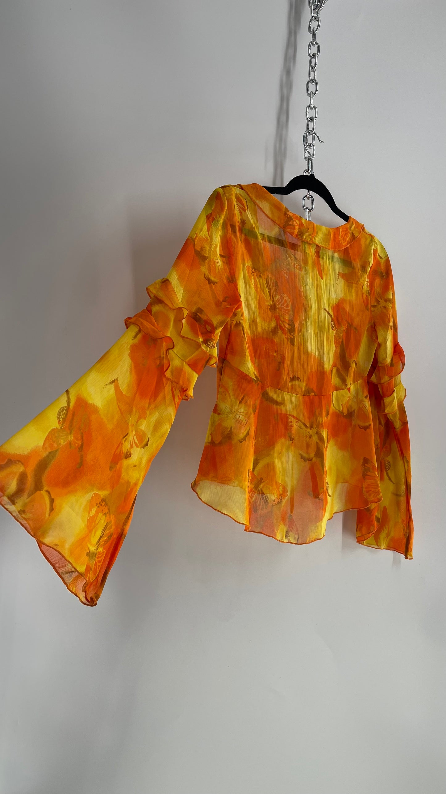 Urban Outfitters Orange Yellow Tie Bust Bell Sleeve Blouse (Small)
