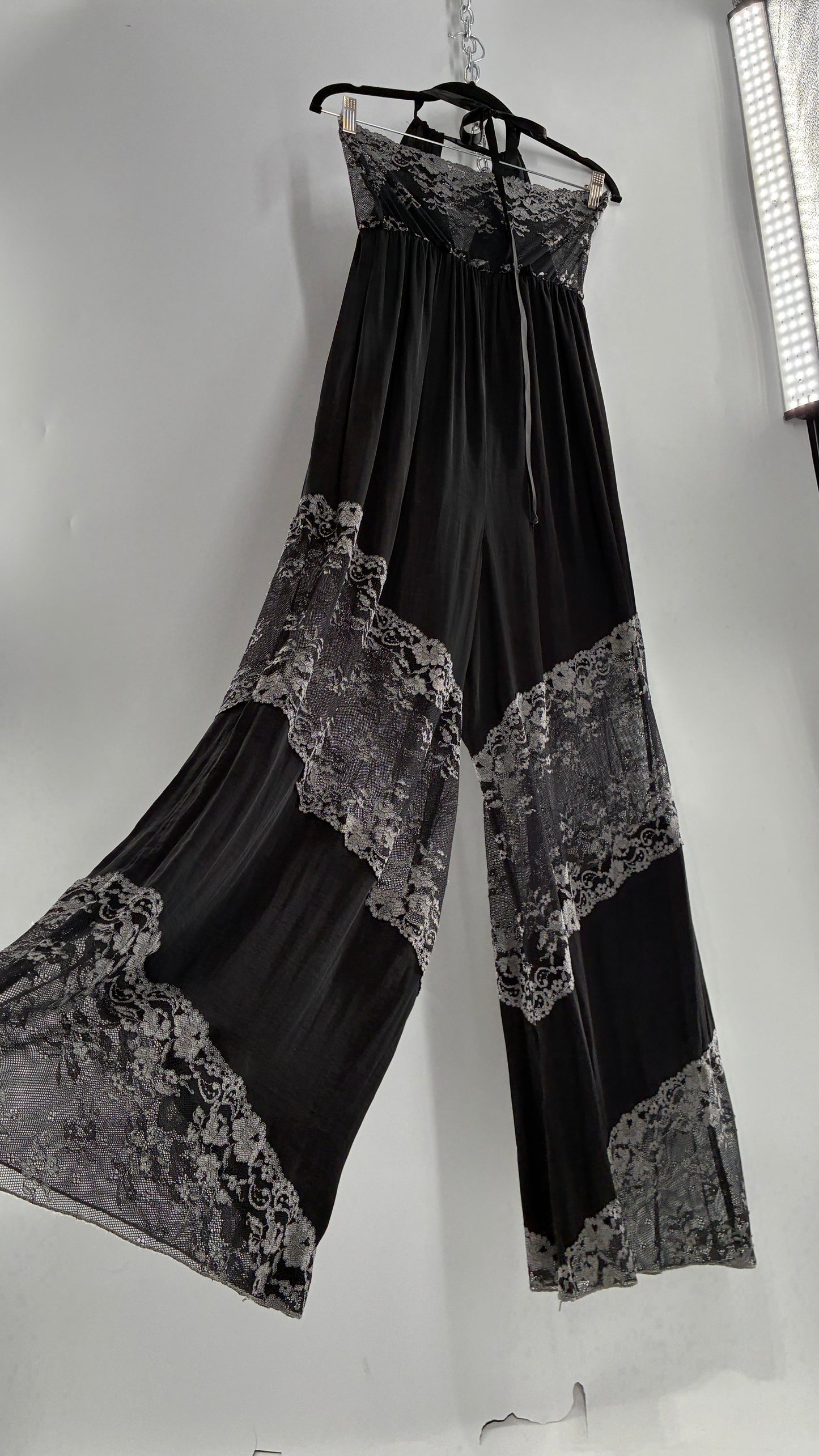 Free People Silky Black Jumpsuit with Grey Lace Paneling and Bandeau (S)