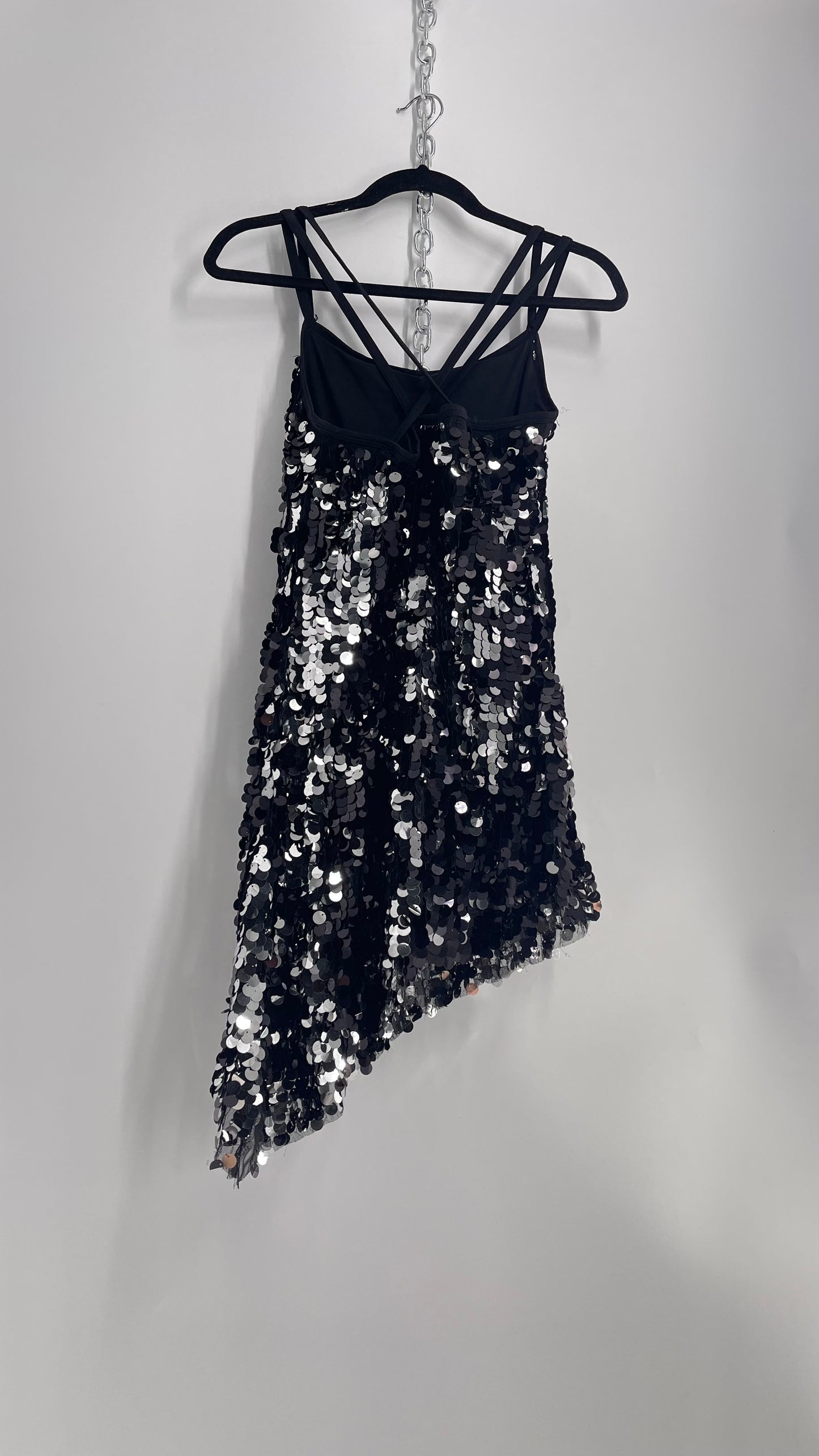 Vintage Revolution Dancewear Black/Silver Sequin Tank with Asymmetric Hem and Built in Shorts (Medium)