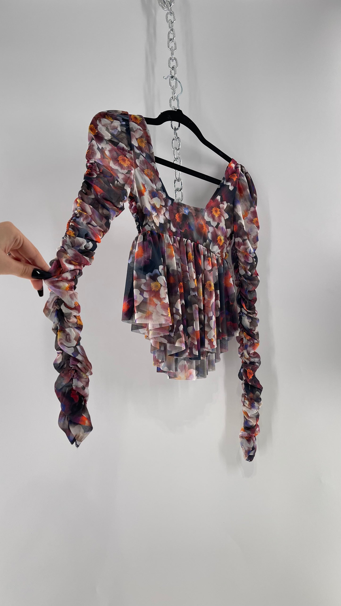 Urban Outfitters Psychedelic Floral Mesh Cropped Blouse with Ruched Sleeves and Pleated Hem (XS)
