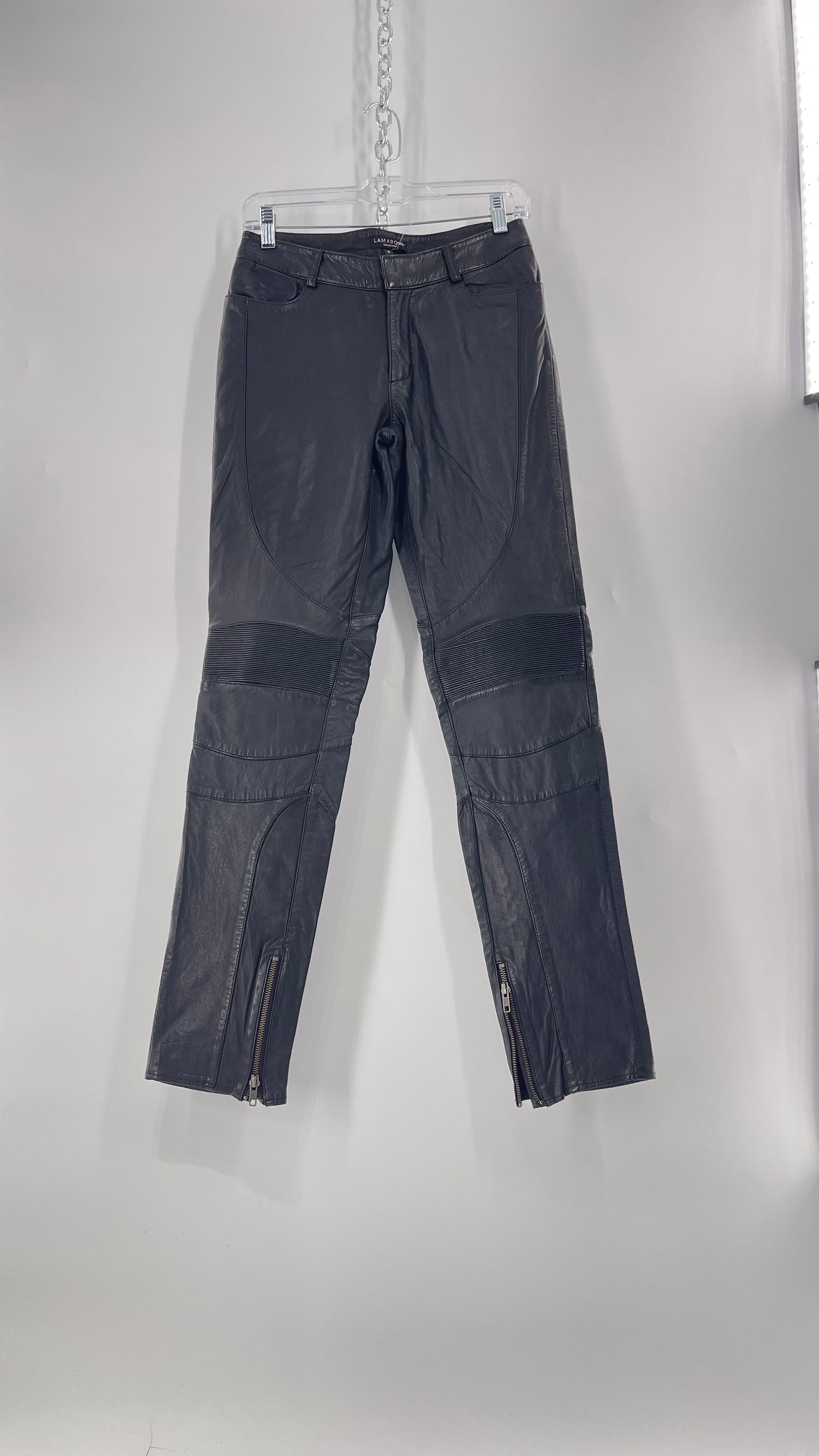 LAMARQUE 1990s Collection Vintage Black Leather Moto Style Pant with Panels, Ribbing and Zipper Details (6)