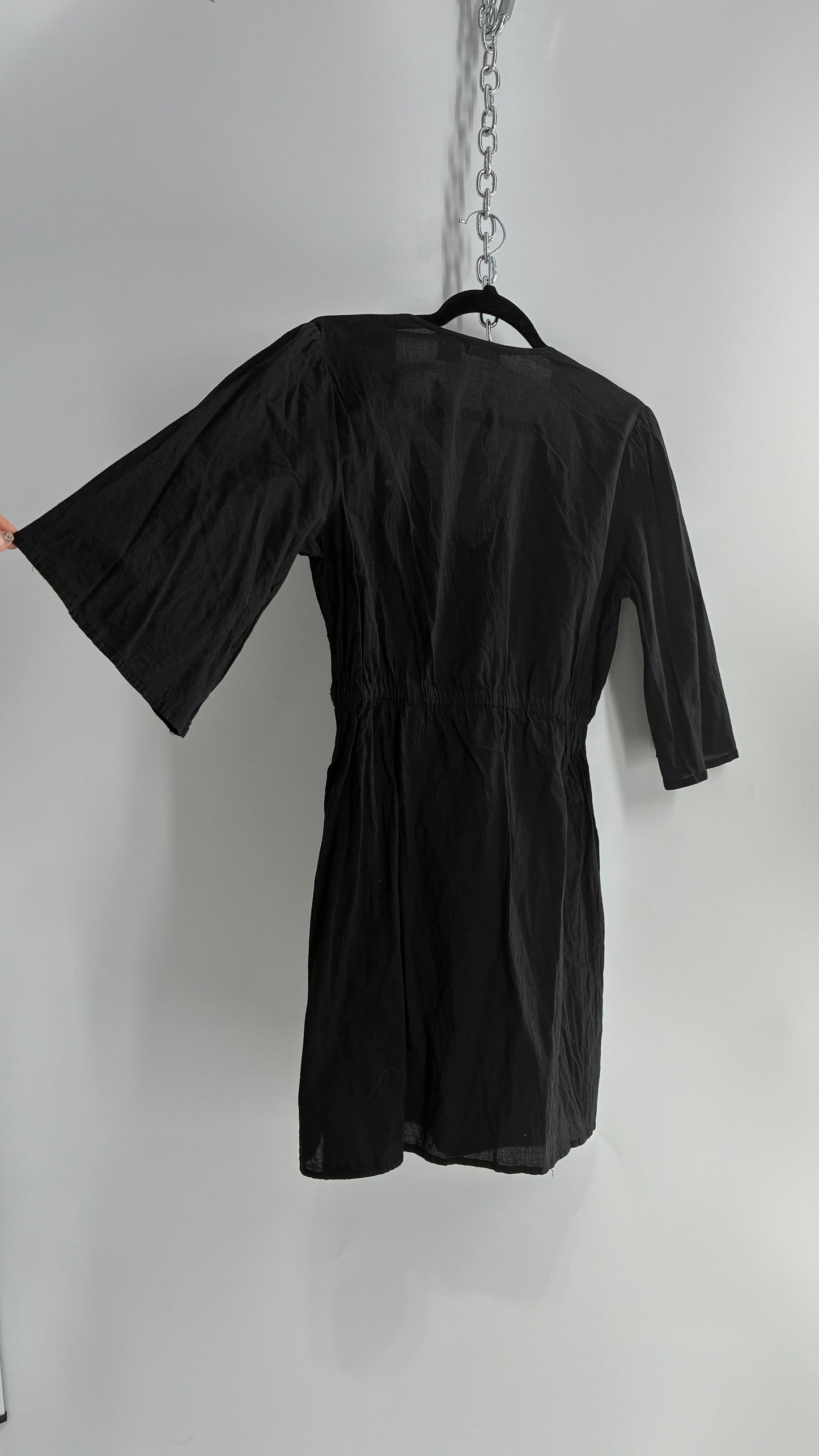 Vintage RAVIYA Black Mini Dress Blouse with Beaded Neckline (Medium)