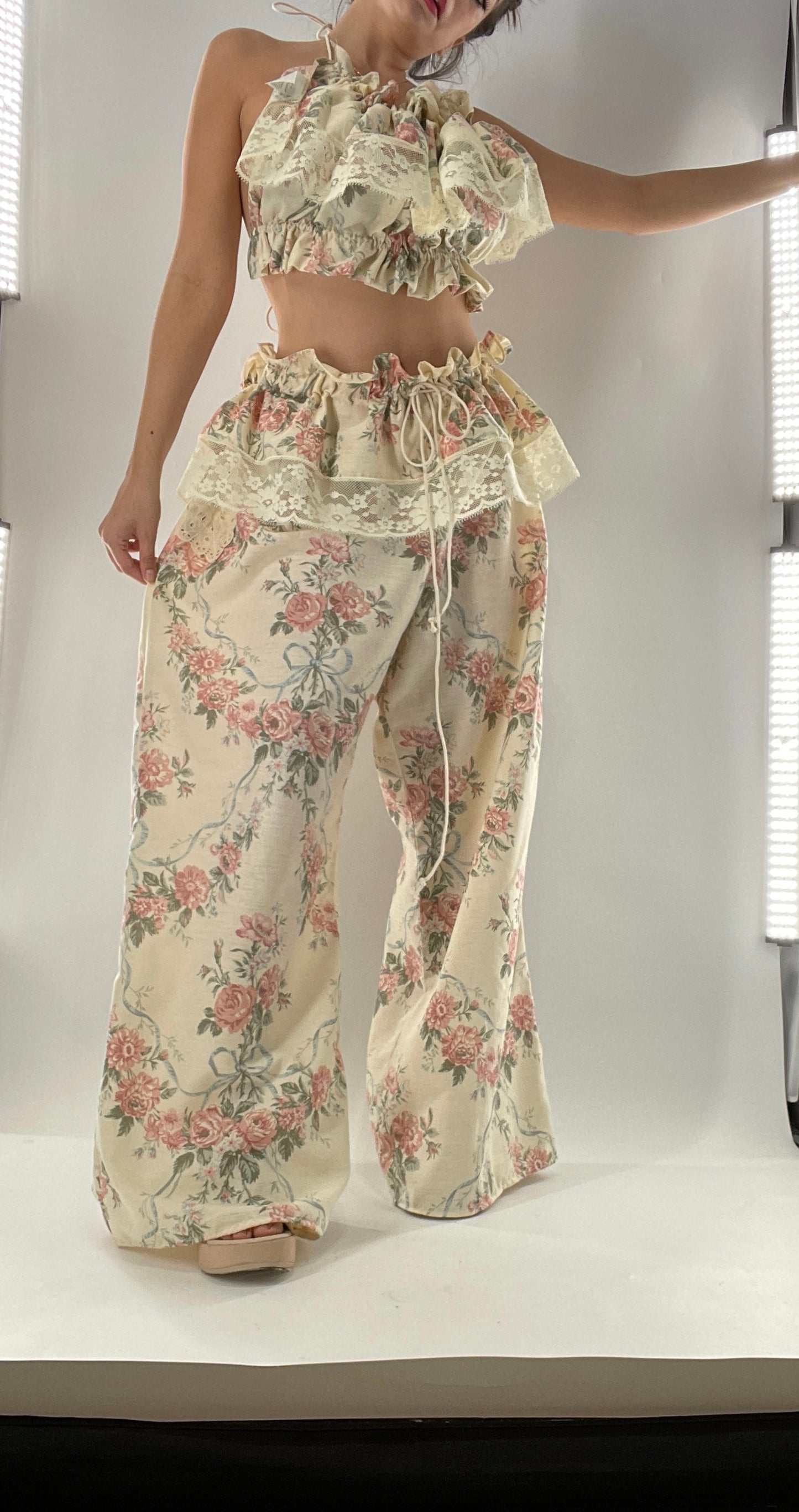 Vintage Set Covered in Delicate Dainty Florals, Bows and Lace (One Size, Adjustable)