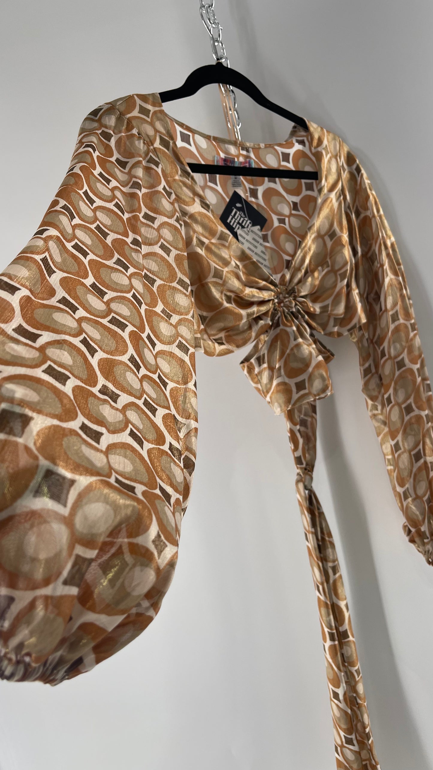 Urban Outfitters Shimmer Top Balloon Sleeve Gold Retro Print Cut Out Tie Around Blouse (Medium)