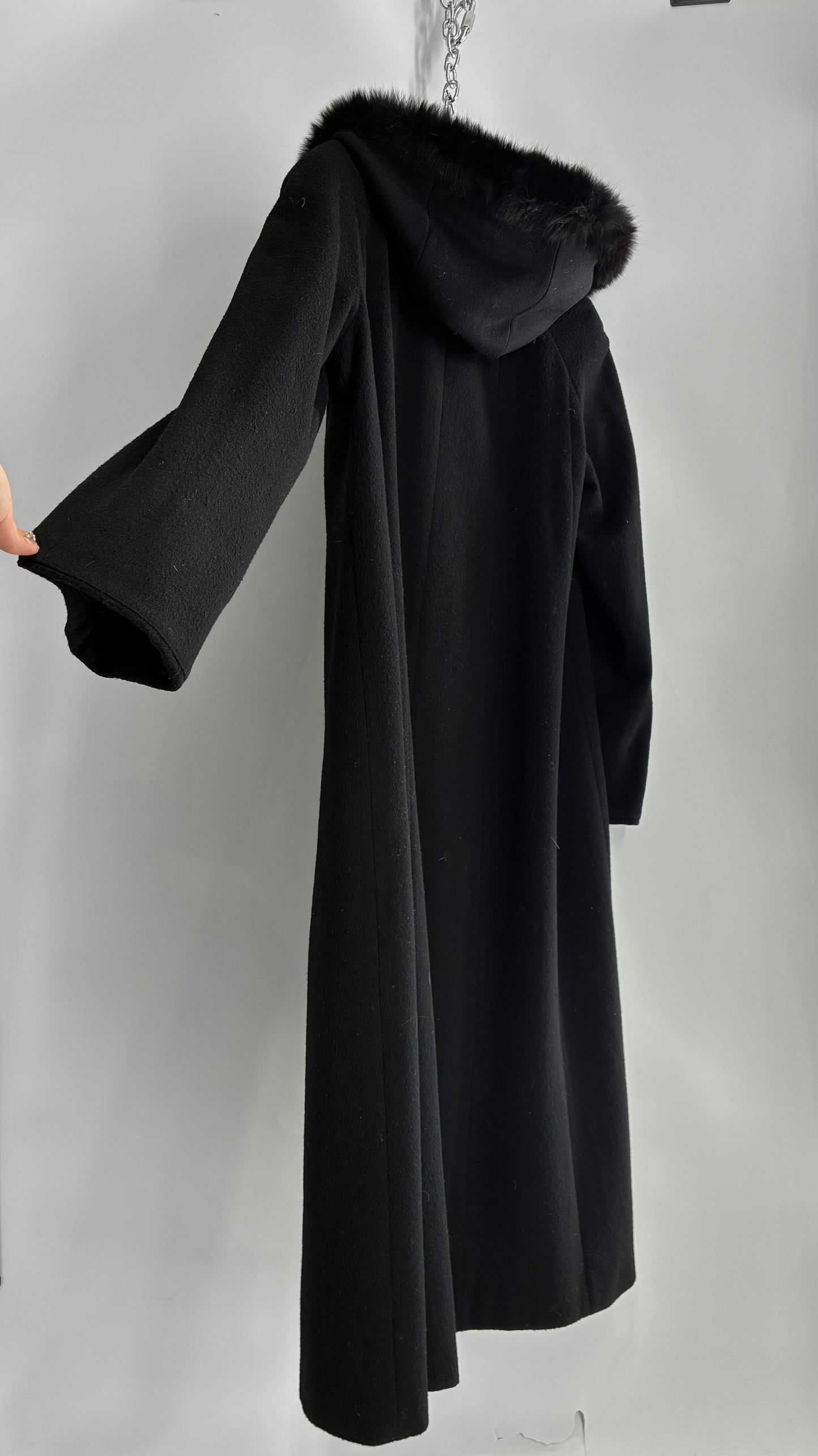 Vintage ANDREA COLLECTION Black Wool Blend Full Length Coat with Fur Trim Hood (12)