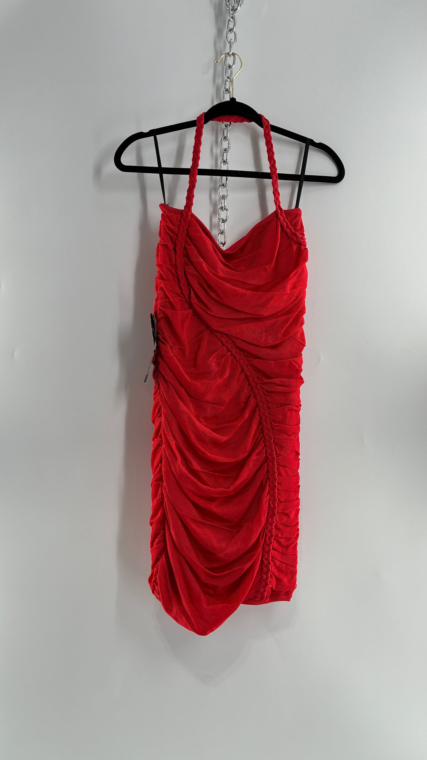 Deadstock Vintage BEBE Red Heavy/Thick Ruched and Roped Mini Dress (Medium)