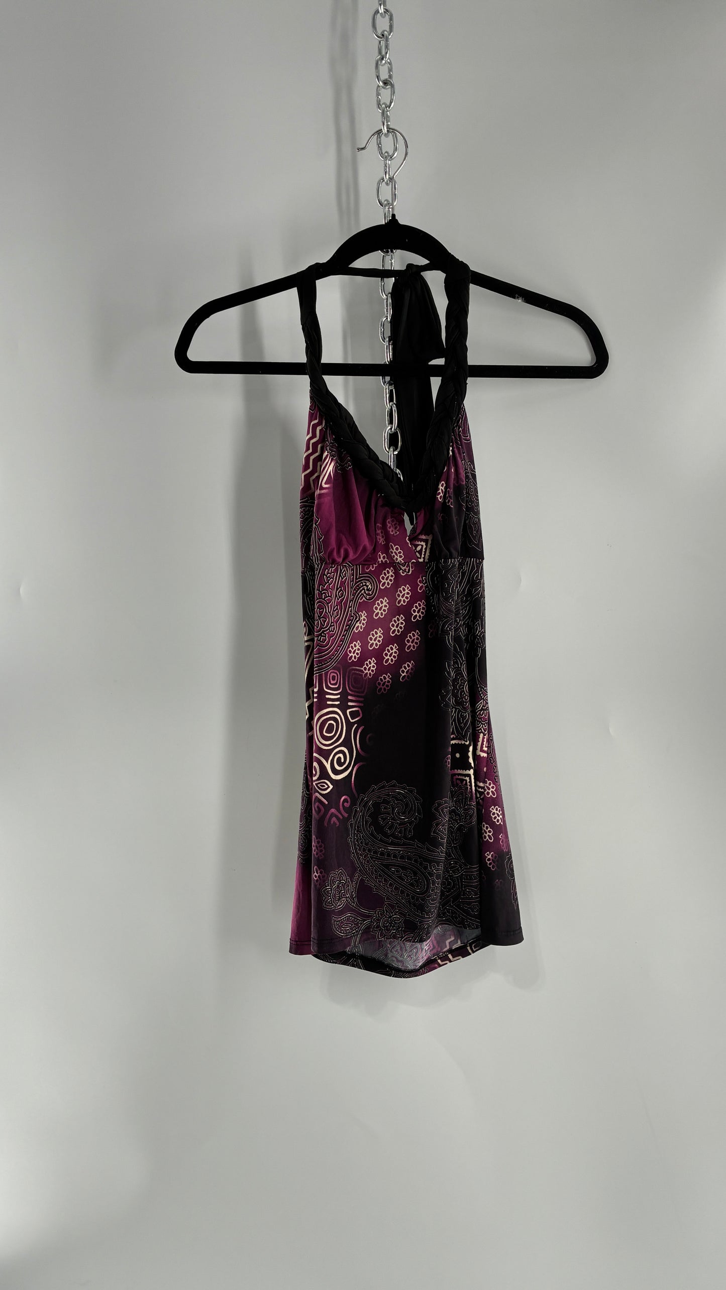 Vintage RUE 21 Purple Braided Halter Black and Purple Graphic (Large)