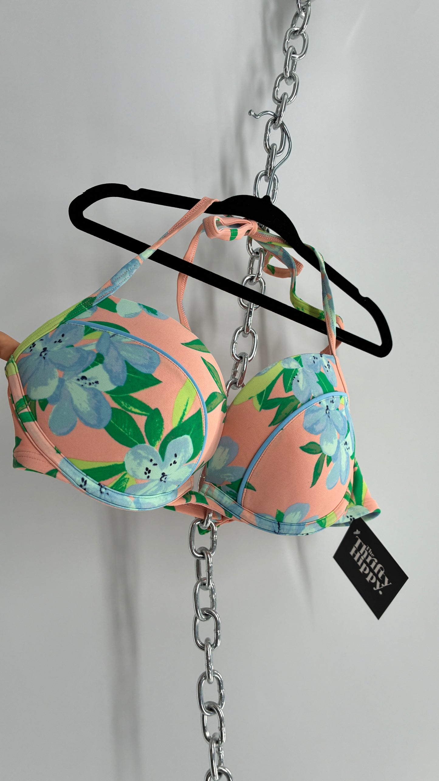AERIE Peach Underwire Halter Bikini Top with Tropical Florals (34C)