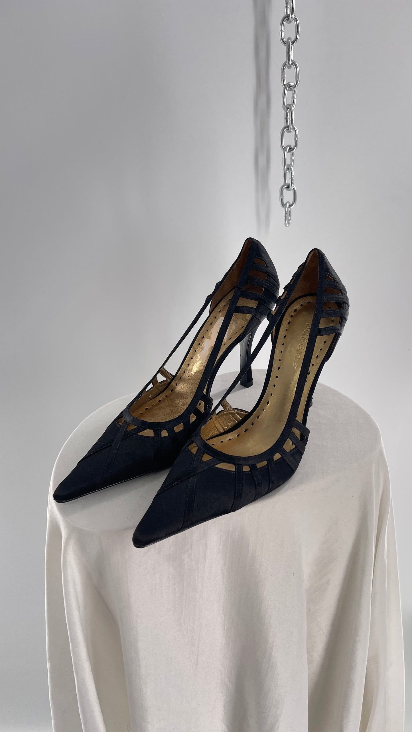 Vintage BCBGirls Black Satin Pointed Toe Heel with Strap Detailing (9.5)