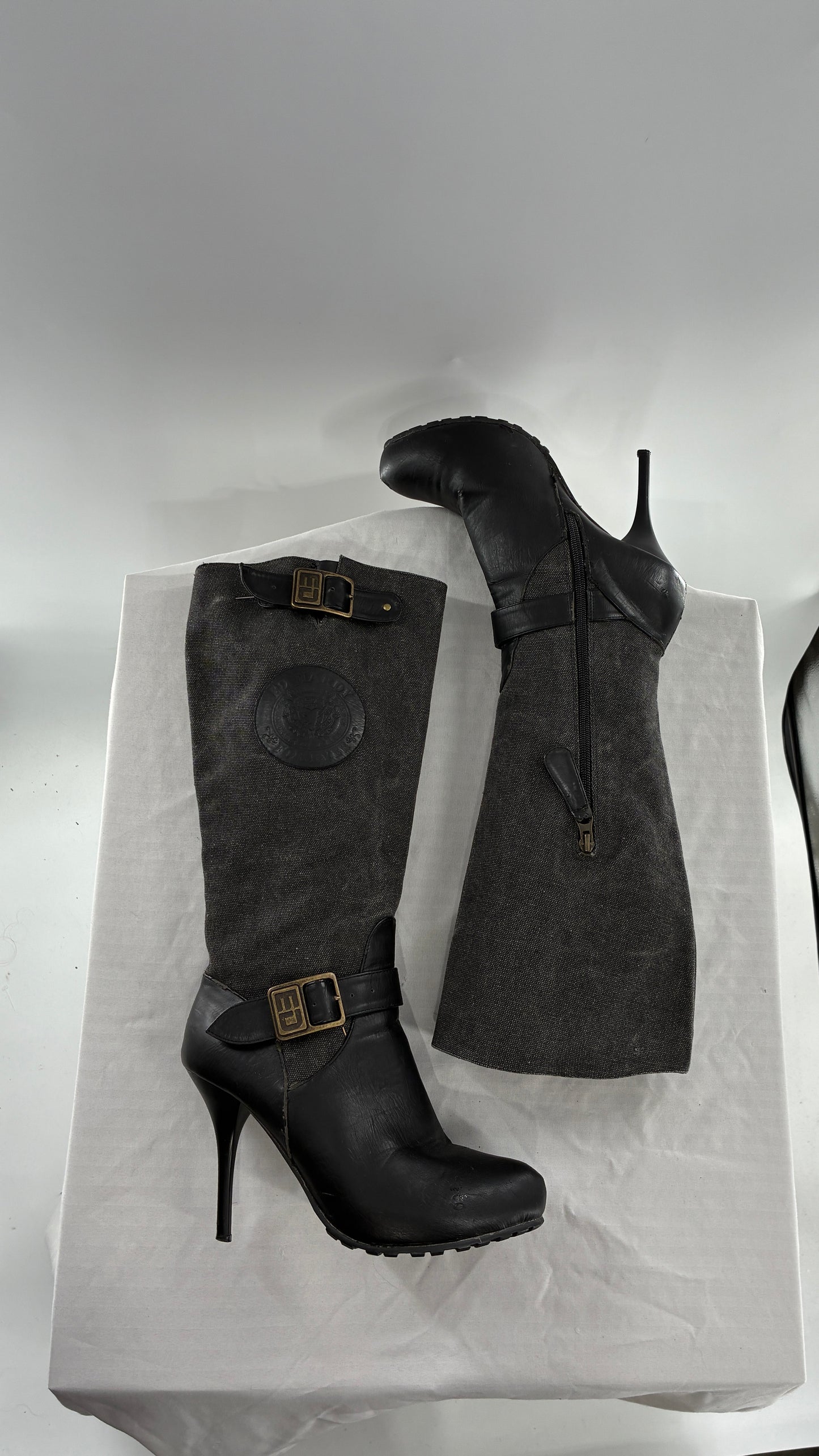 Vintage ED HARDY Stiletto Boots with Embossed Buckles and Badges (9)