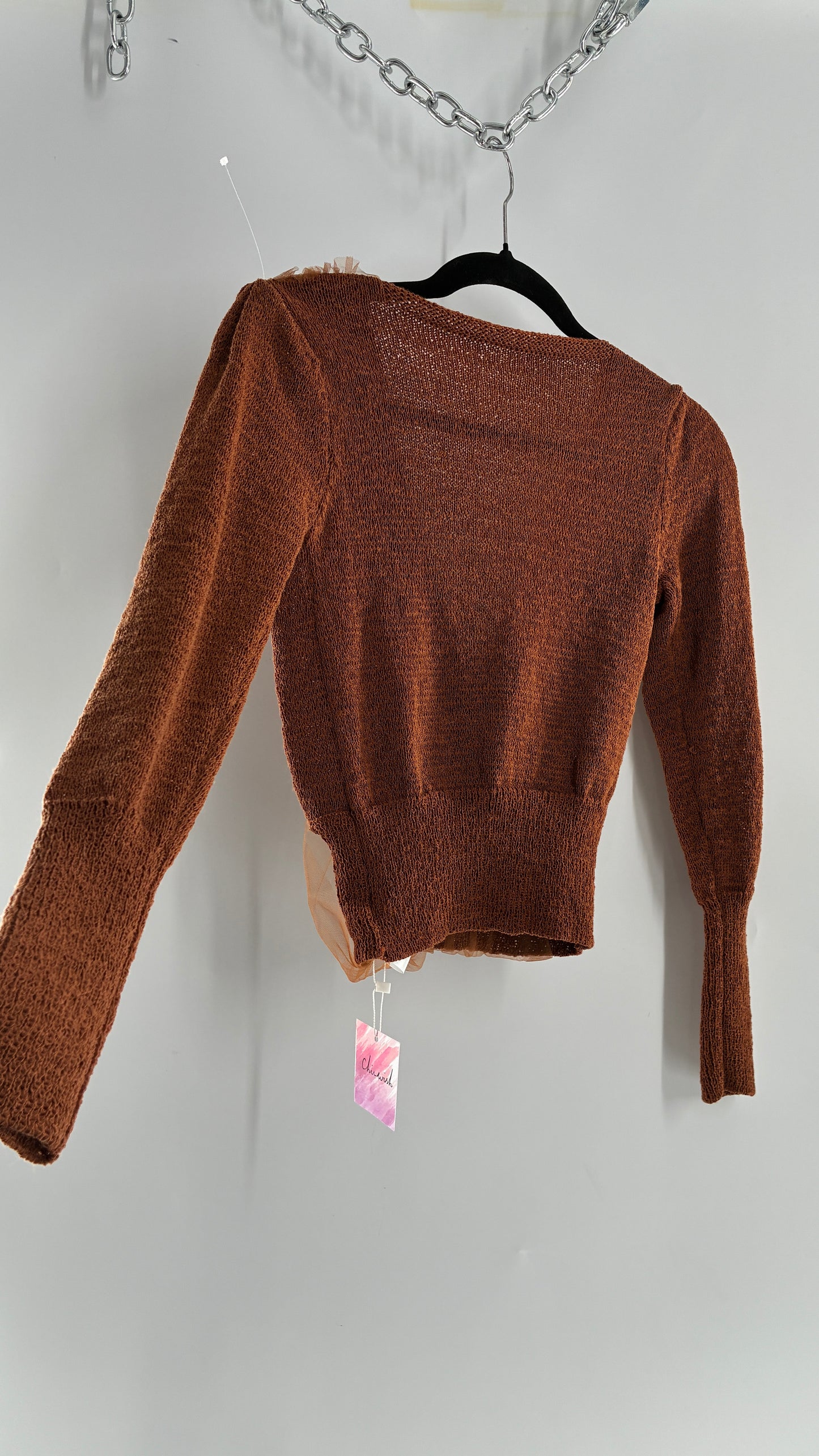 CHICWISH Brown Heavy Knit Balloon Sleeve, Tulle Ruched Details, and Tags Attached (Small)
