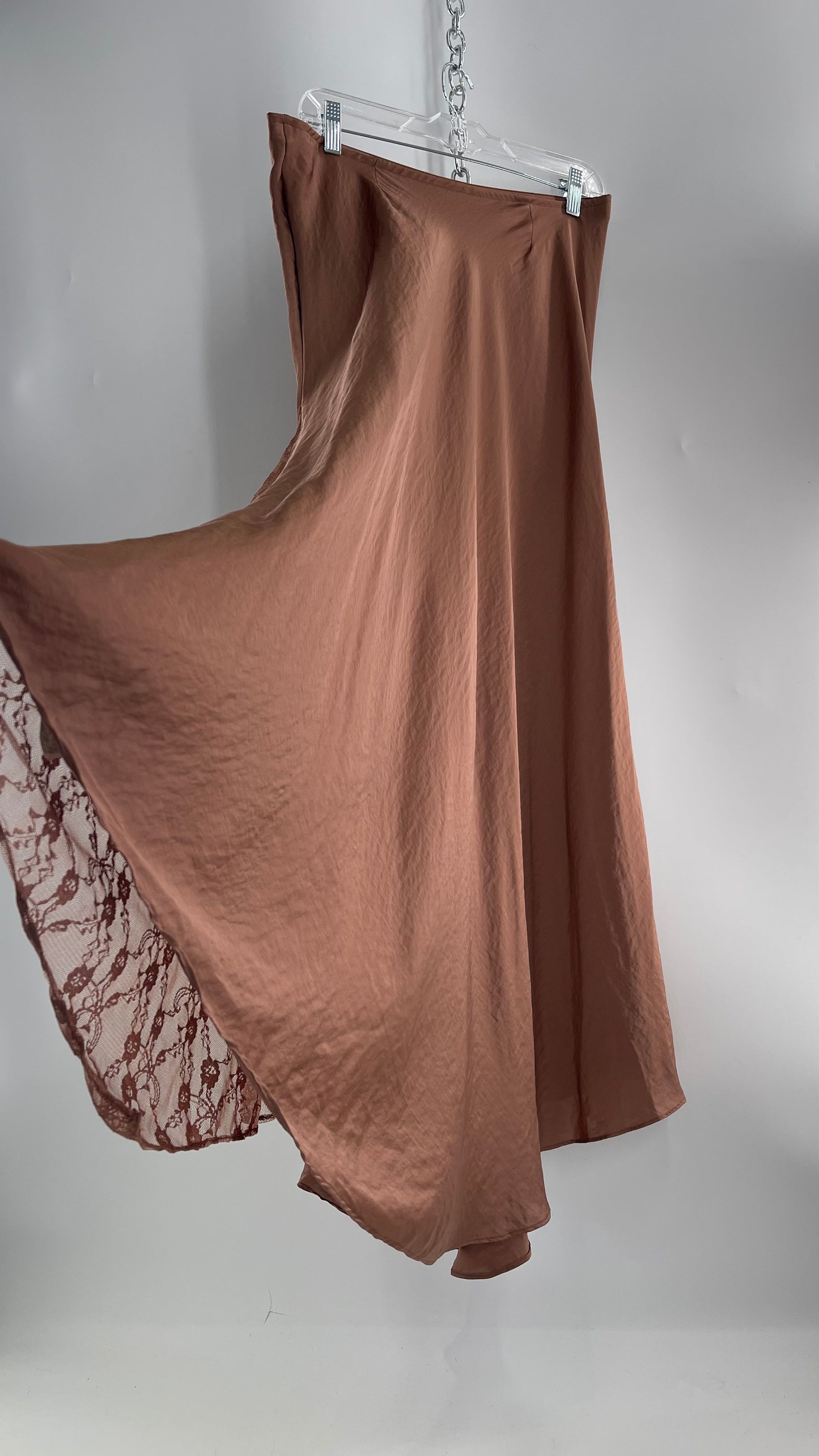 Intimately Free People Brown/Dusty Mauve Satin Maxi Skirt with Lace Paneling (Medium)