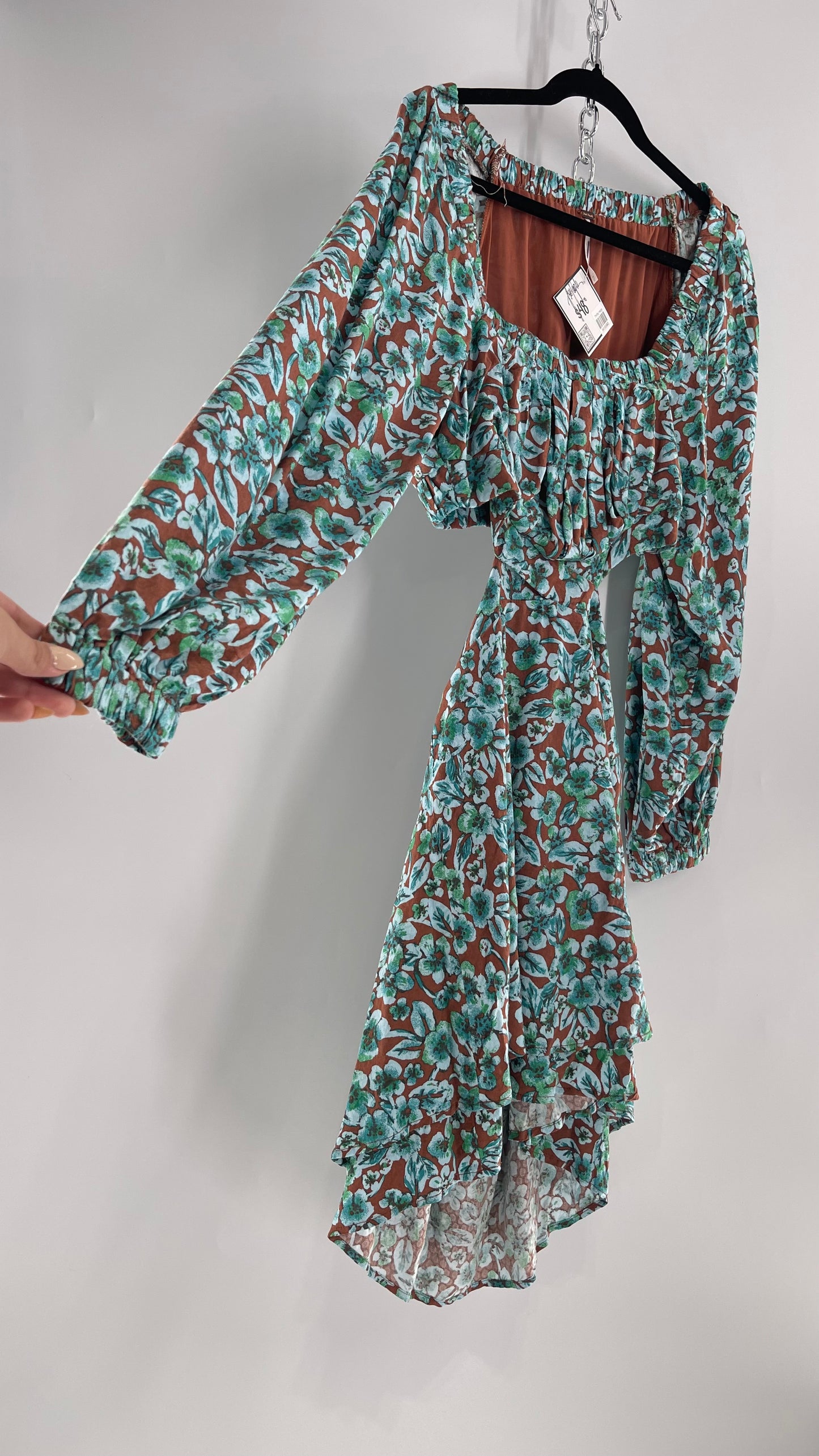 Free People Brown Cut Out Milkmaid Mini with Blue Florals (Medium)