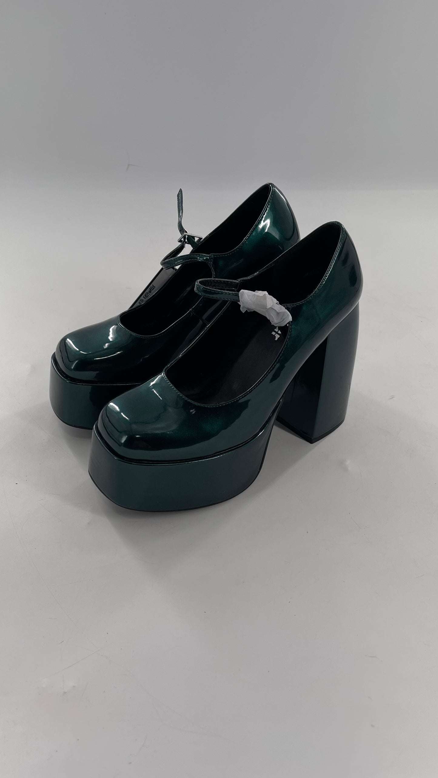 KOI FOOTWEAR Patent Emerald Green Platform Chunky Heel Mary Janes (9/39)