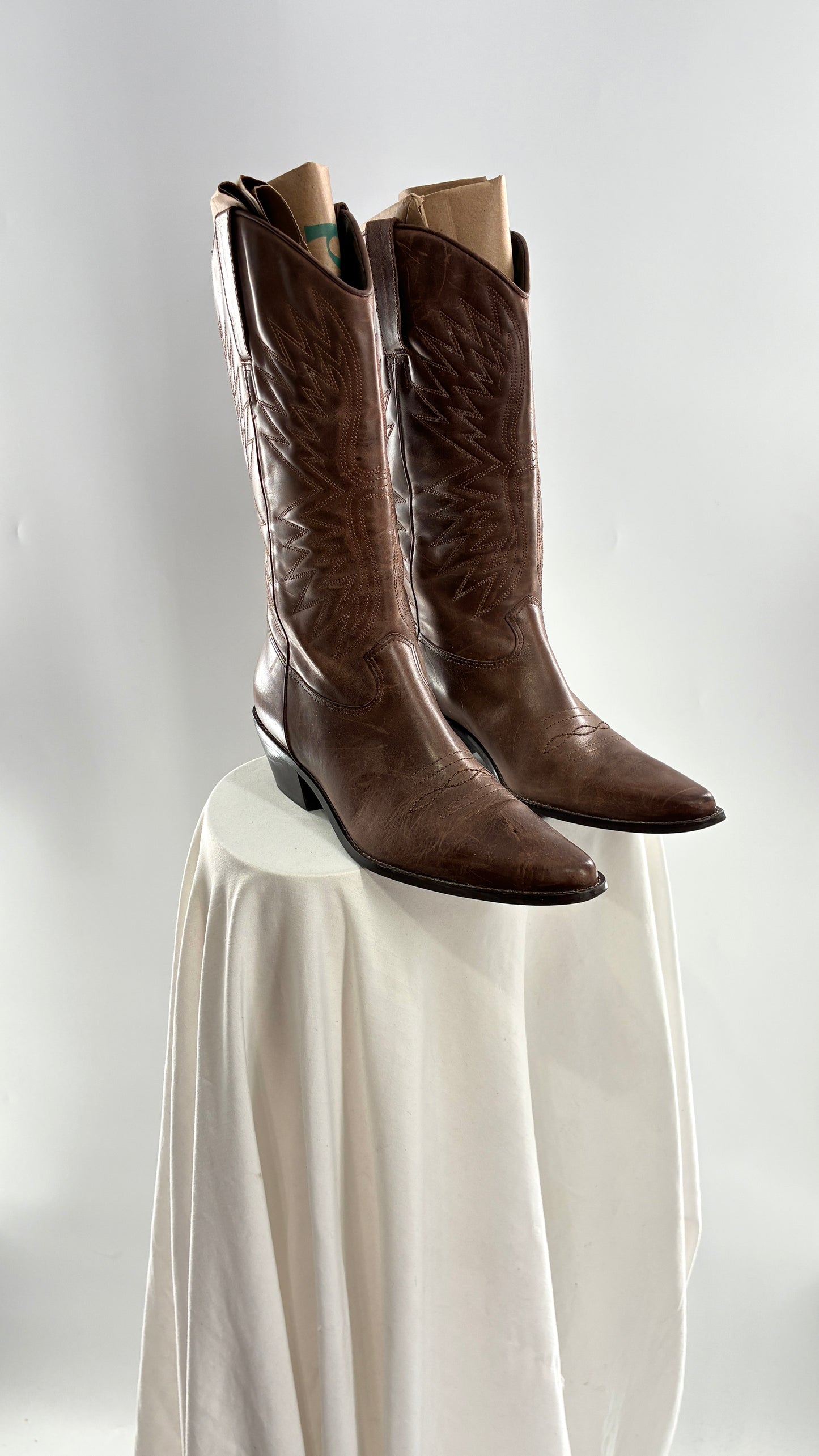 Vintage Genuine Leather Brown Cowboy Boots Made in Brazil (9.5)