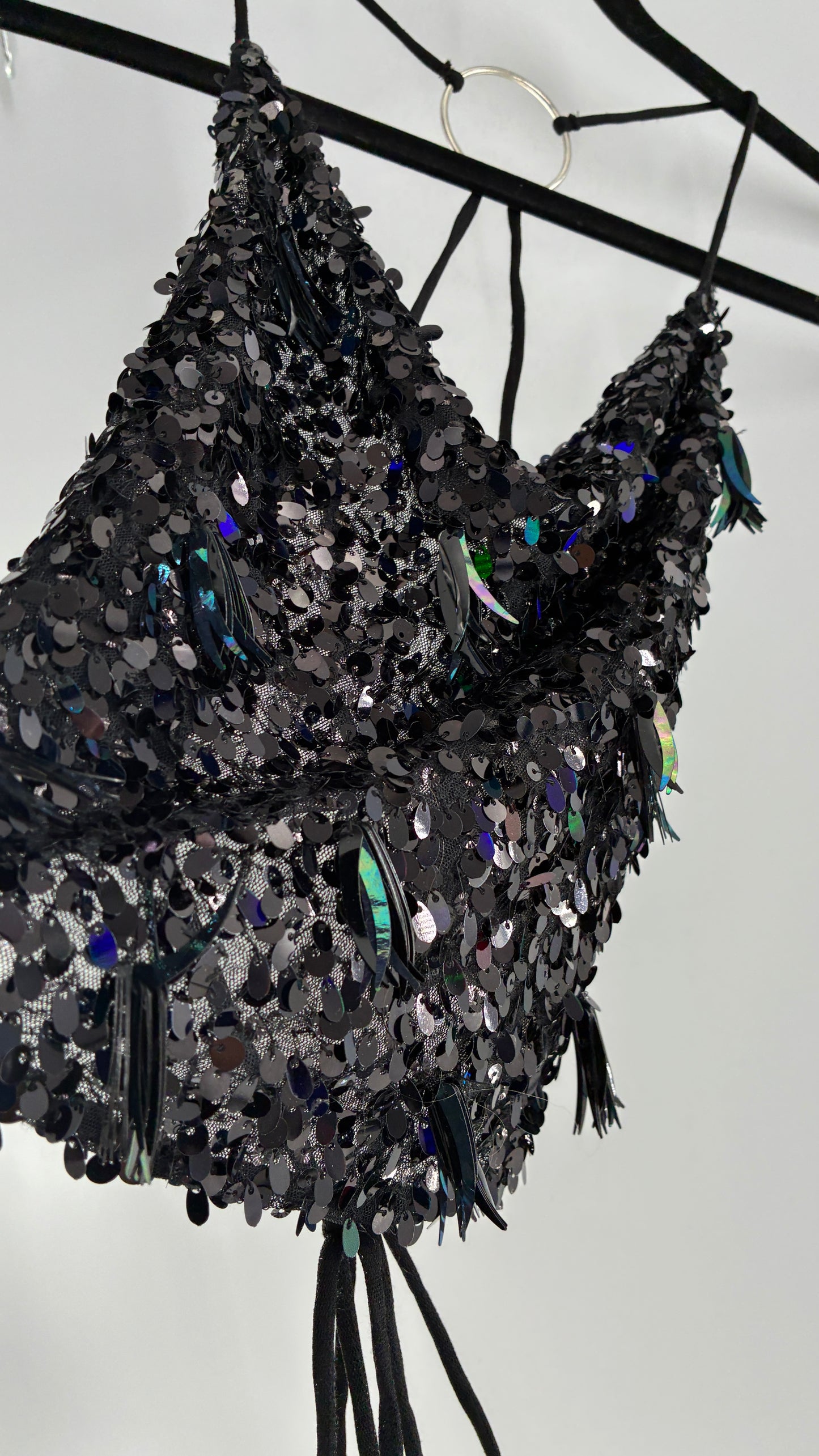 Free People Black Open, Tie Up Back Camisole Covered in Sequins with Silver Hoop Details (XS)