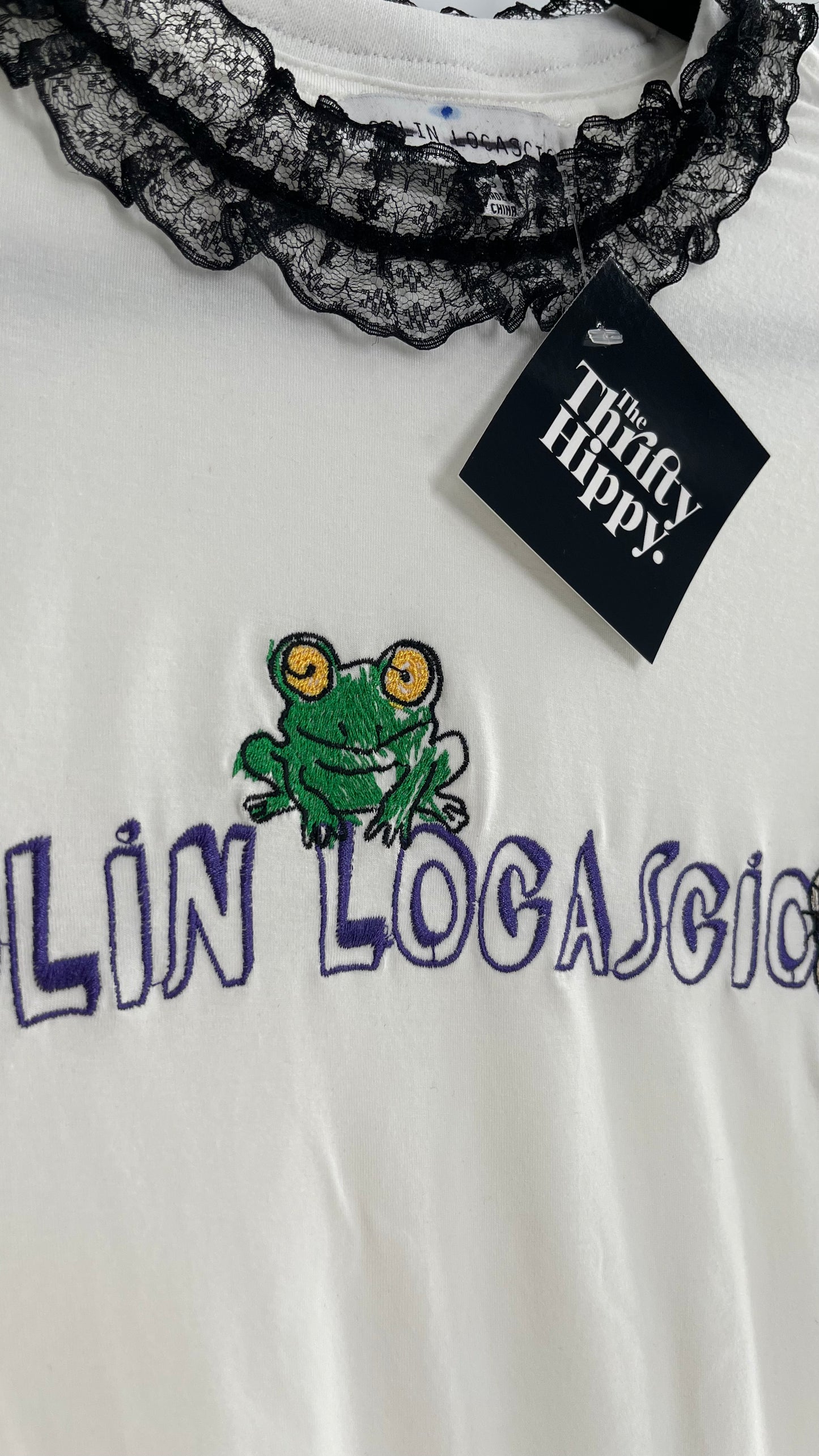 Colin Locascio Tannie T Shirt White Black Lace Ruffle Sleeves Frog Embroidery (Small)