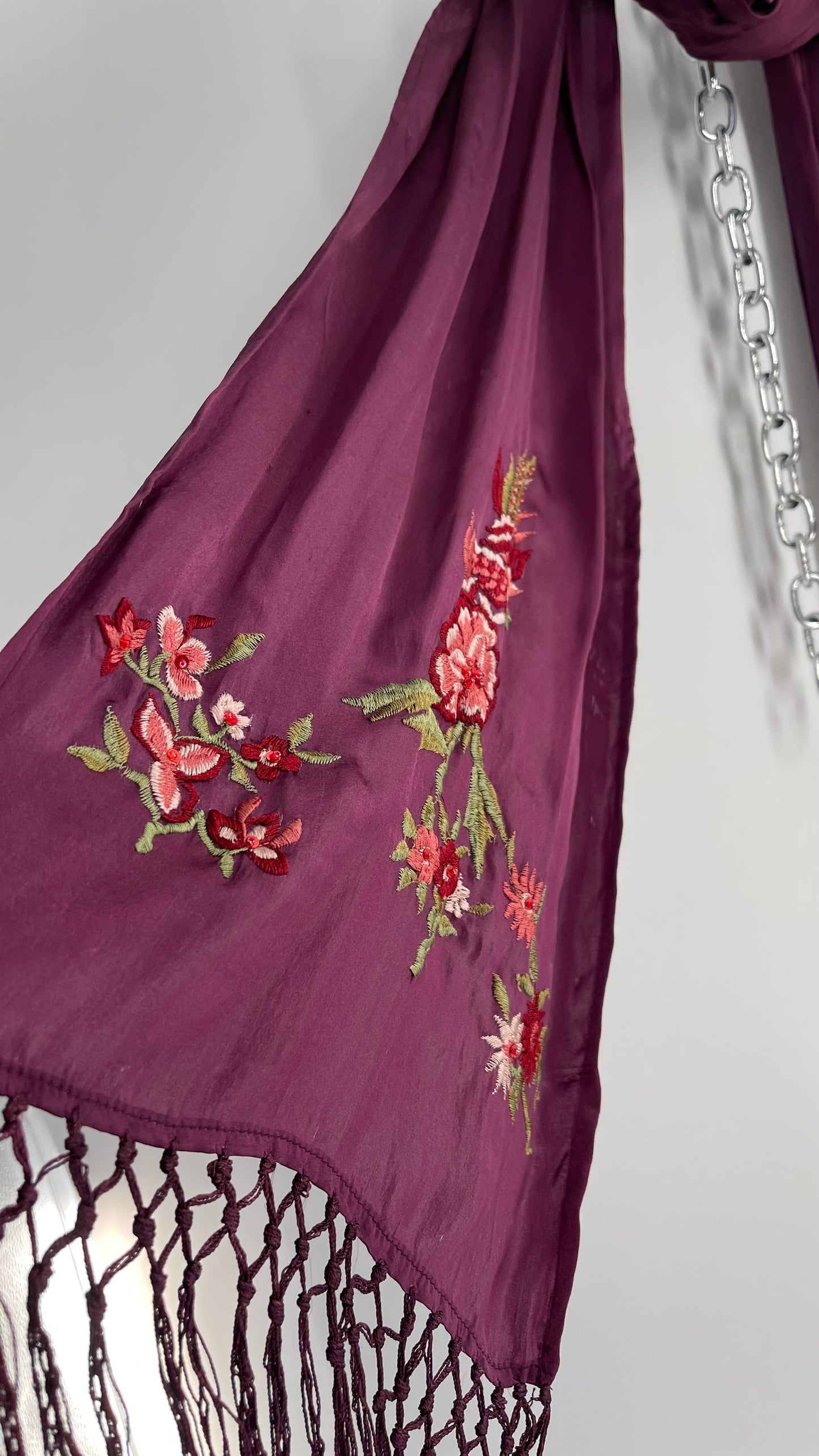 April Cornell 100% Silk Purple Embroidered Florals Fringe Scarf