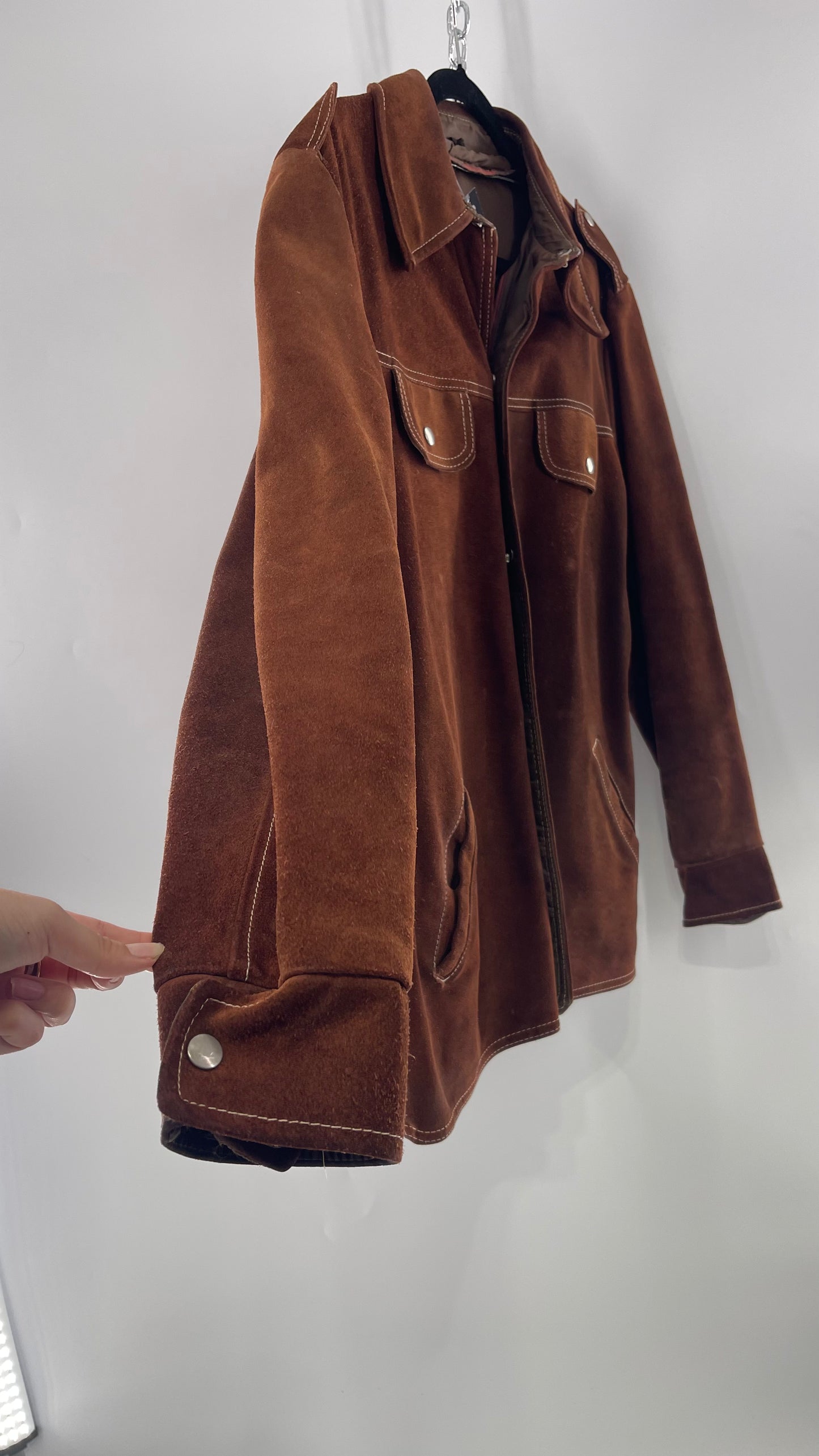 Vintage Brown Suede Jacket with Contrast White Stitching (C)(Large)