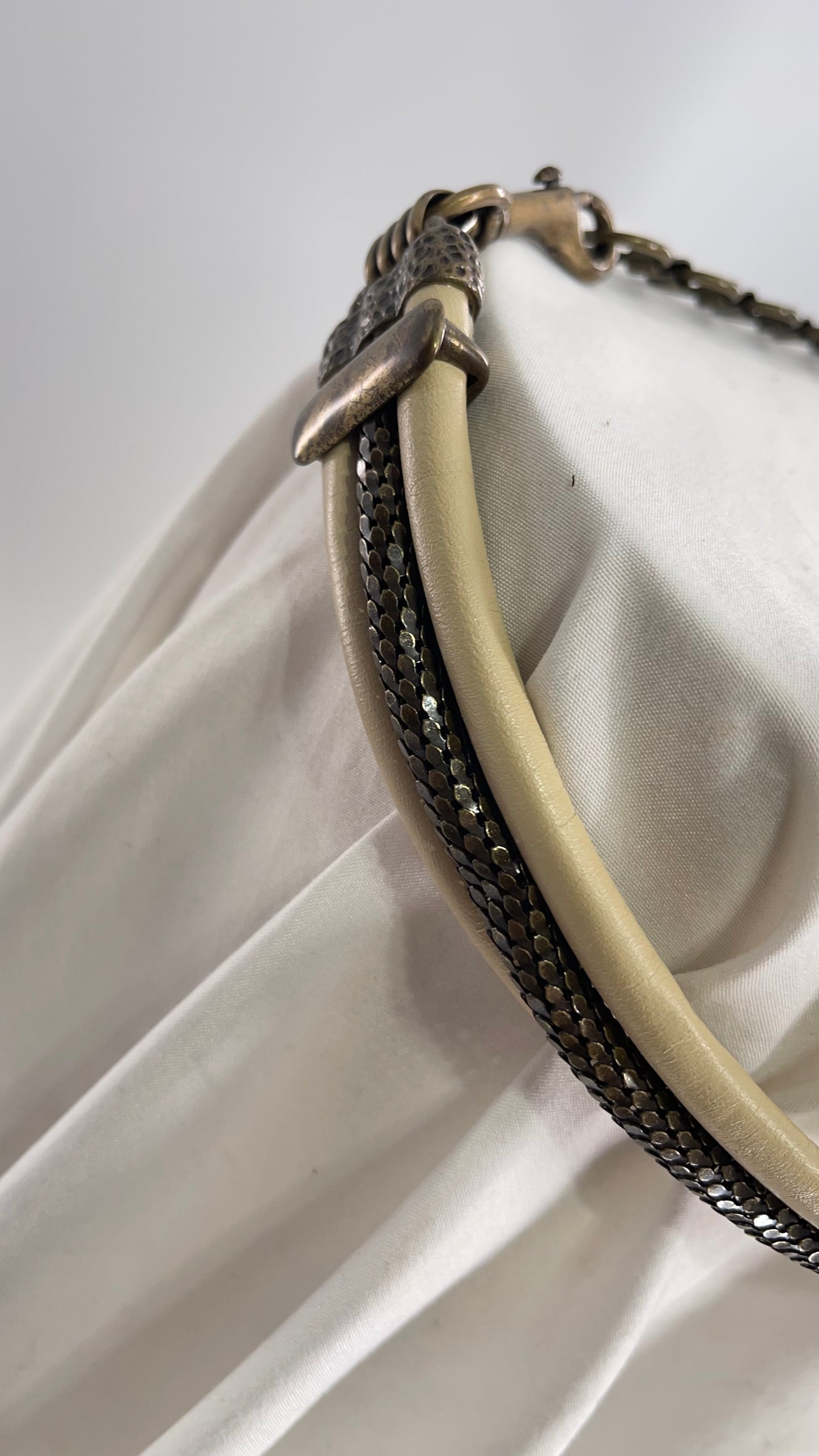 Vintage Abstract Cream Leather, Bronze Metal, Dragon Scale Metal Belt (C)
