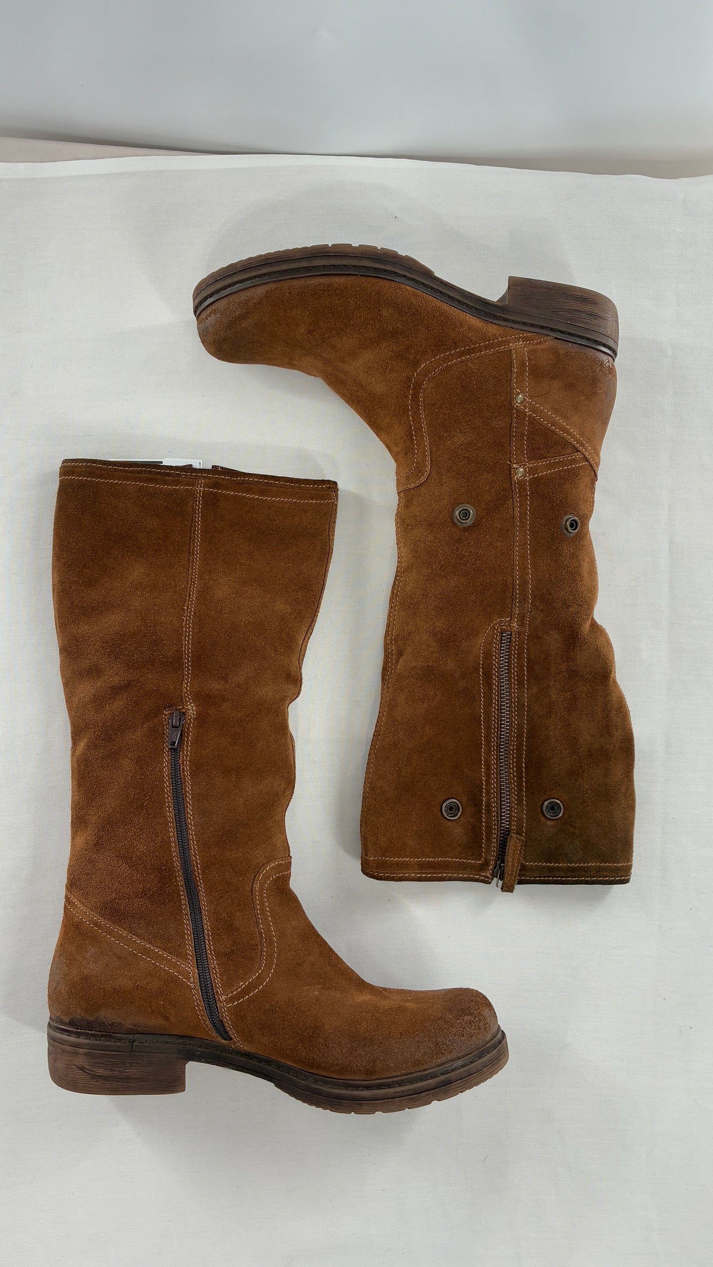 MANAS Brown Suede Leather Combat Style Boots with Fold Over Option (40)