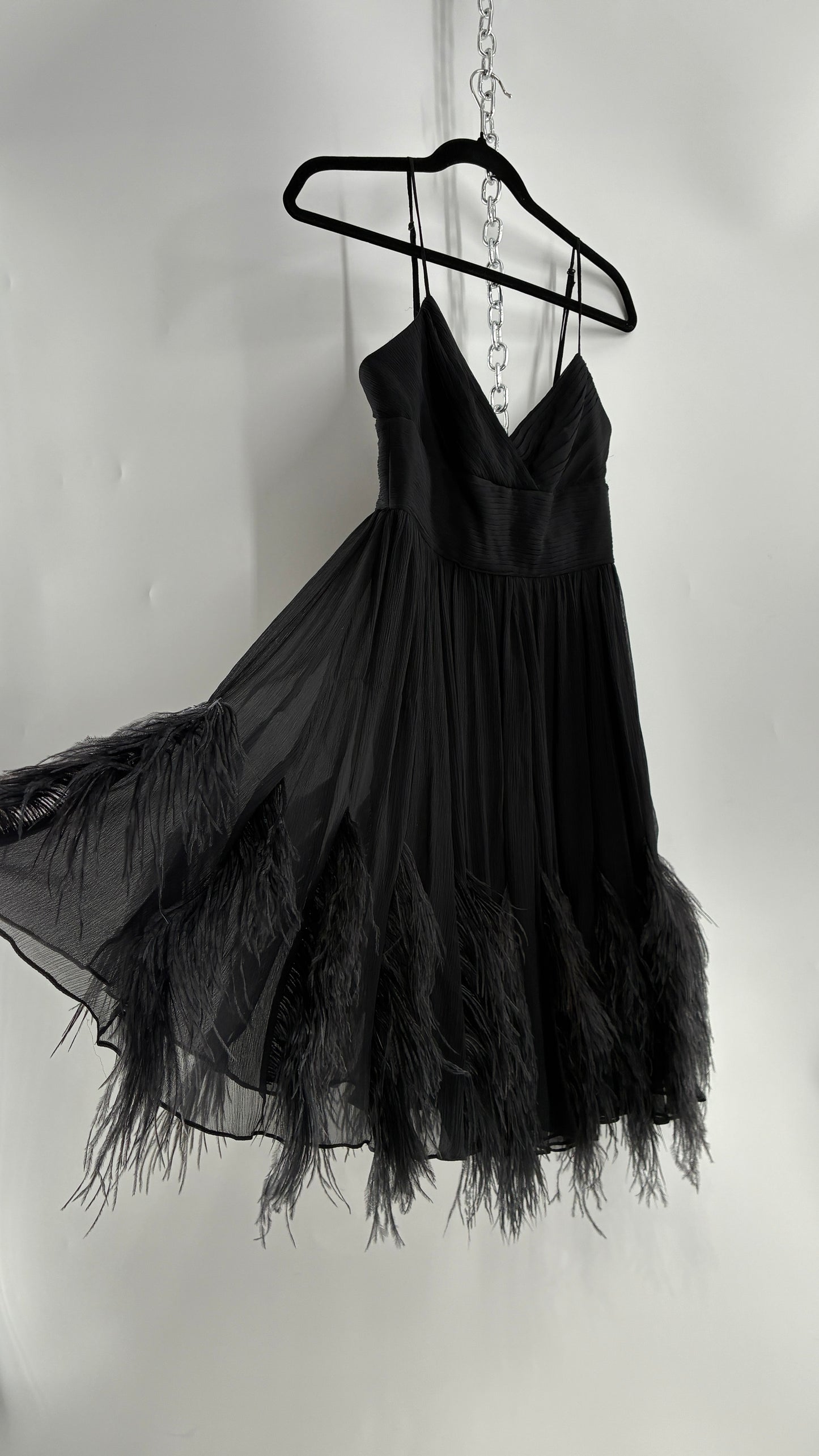 Vintage BCBGMAXAZRIA Crimped Black Dress with Ostrich Feather Details (6)