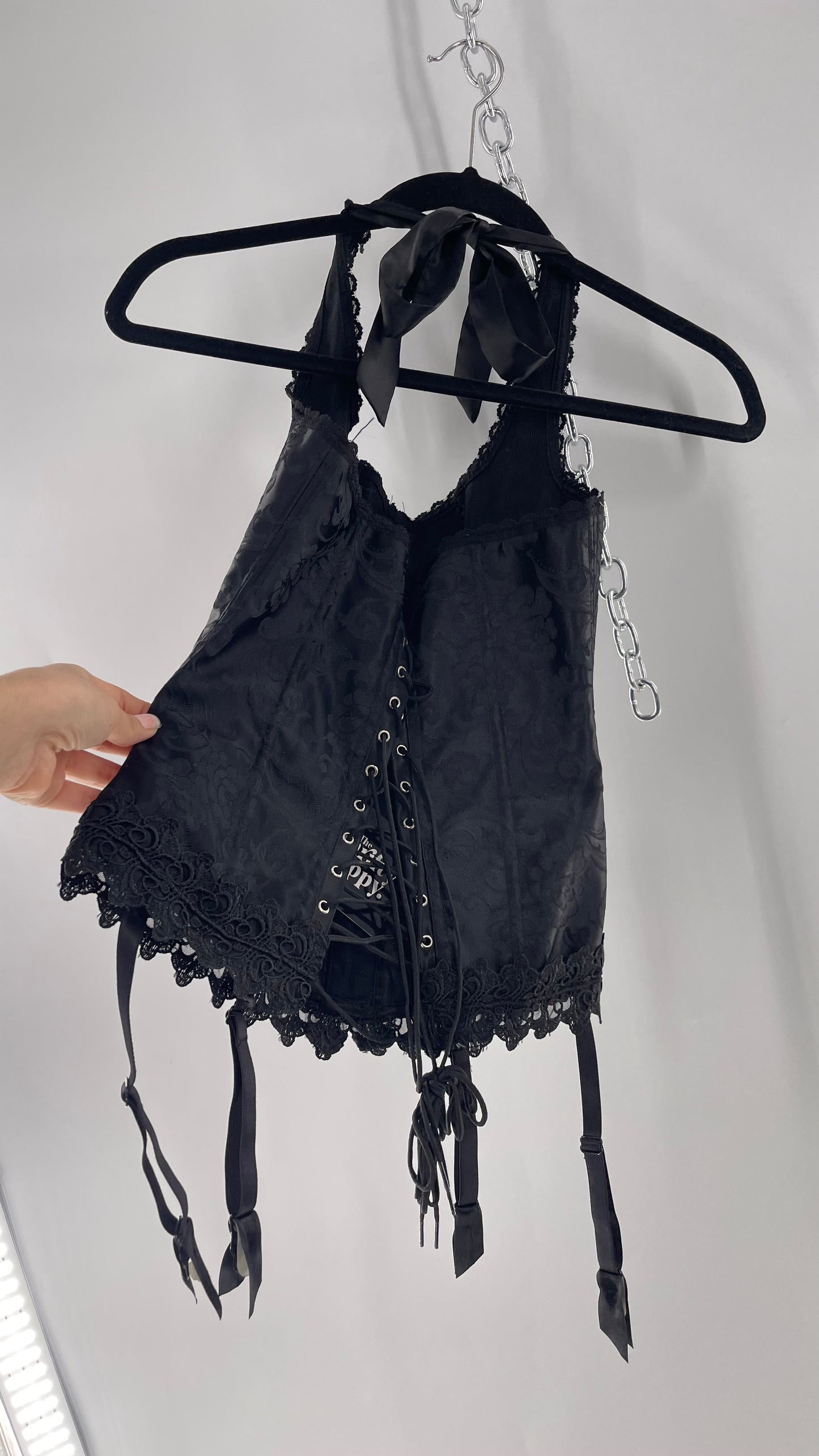 Vintage Fredericks of Hollywood Black Satin Brocade Lace Corset with Lace Tie Halter (32)