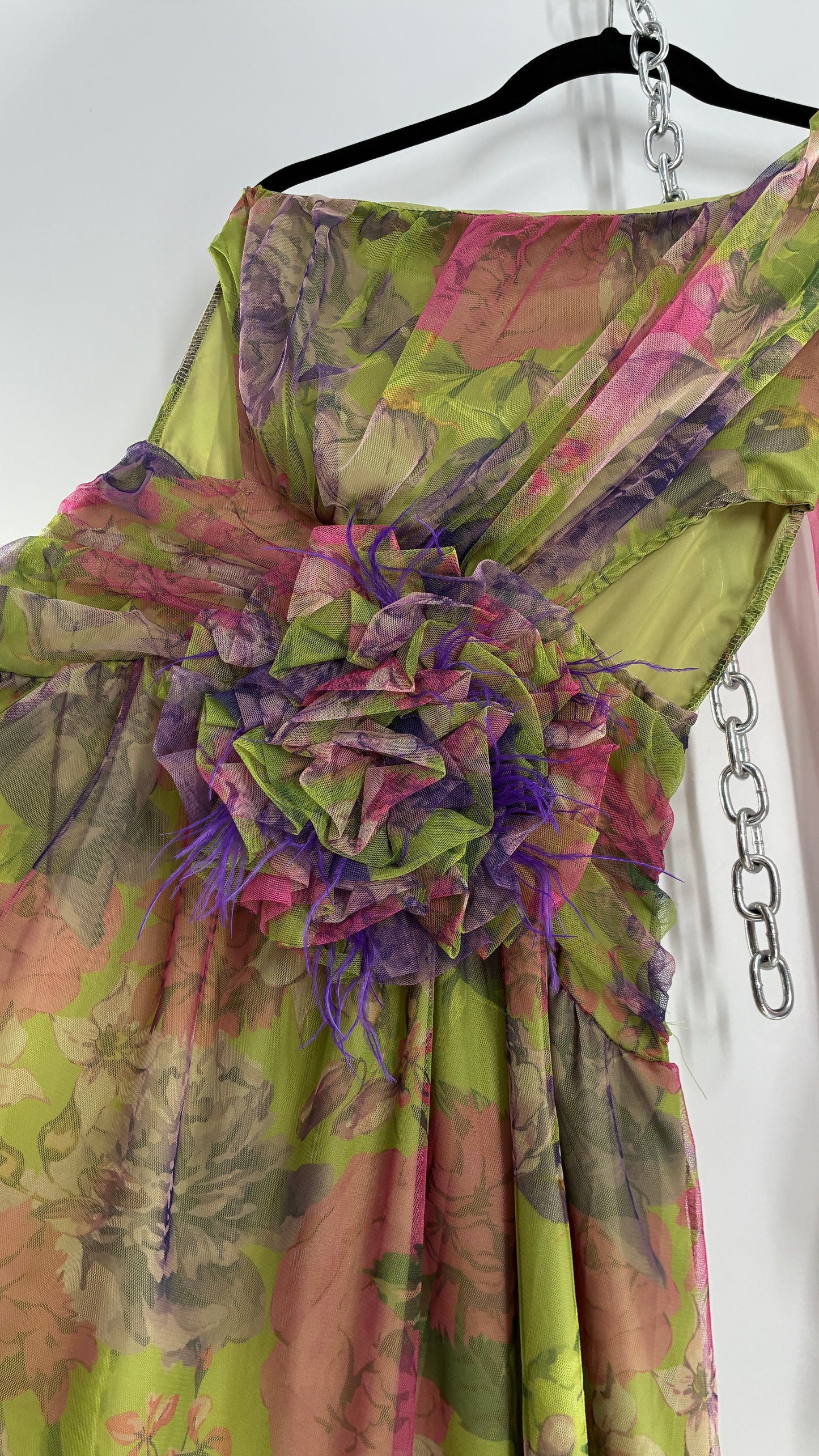 Vintage Open Waist Gown with Oversized Feathered Appliqué Rosette (Large)