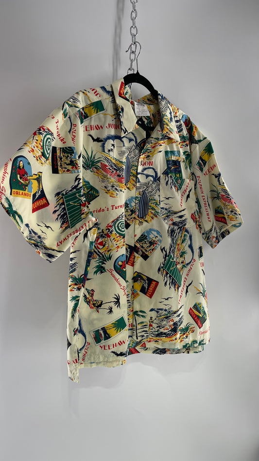 Vintage Men’s Tourist Post Card Button Up Short Sleeve (XL)