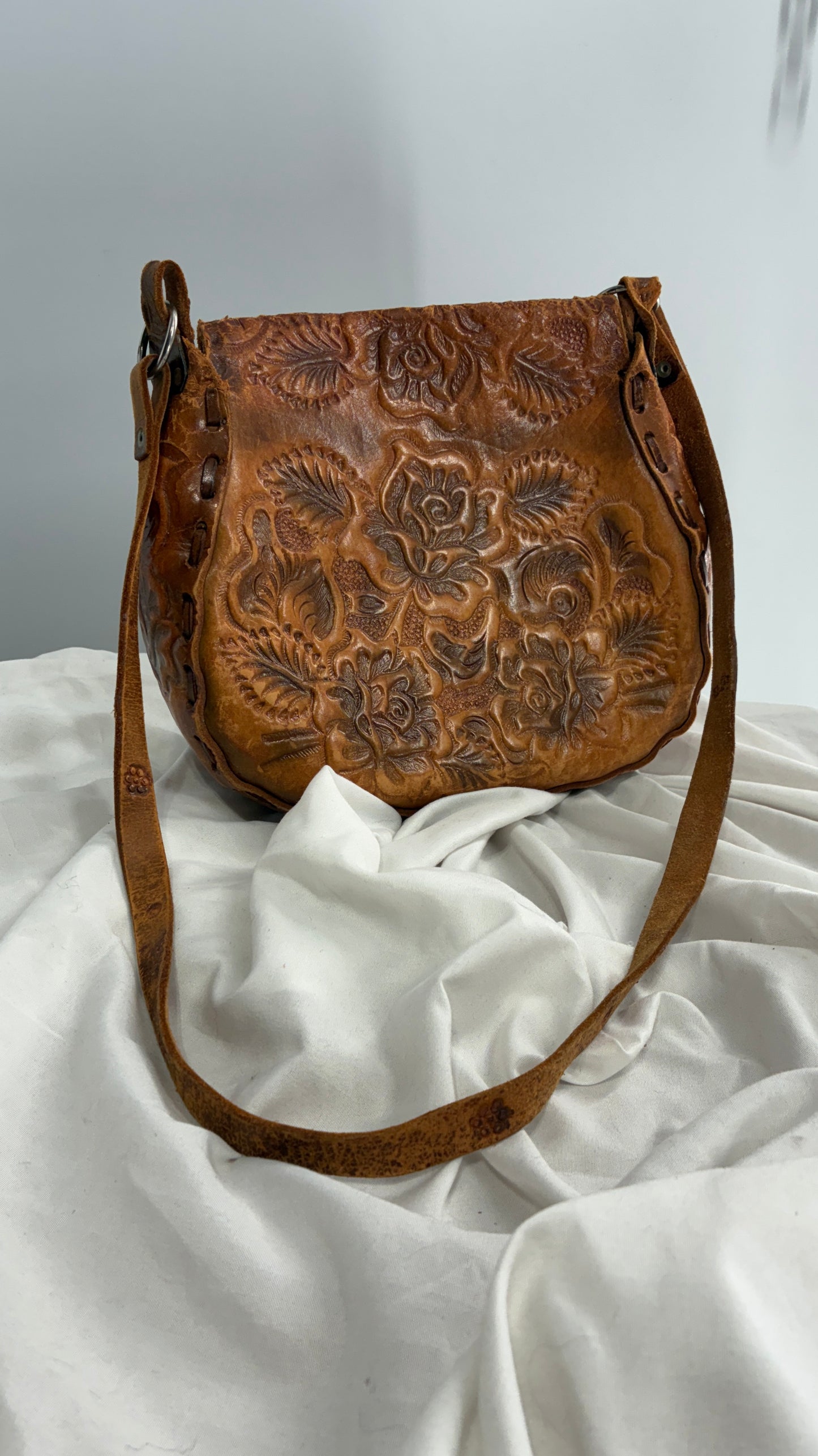 Vintage Made in Mexico Rose Embossed Leather Satchel Bag with Debbie Signature