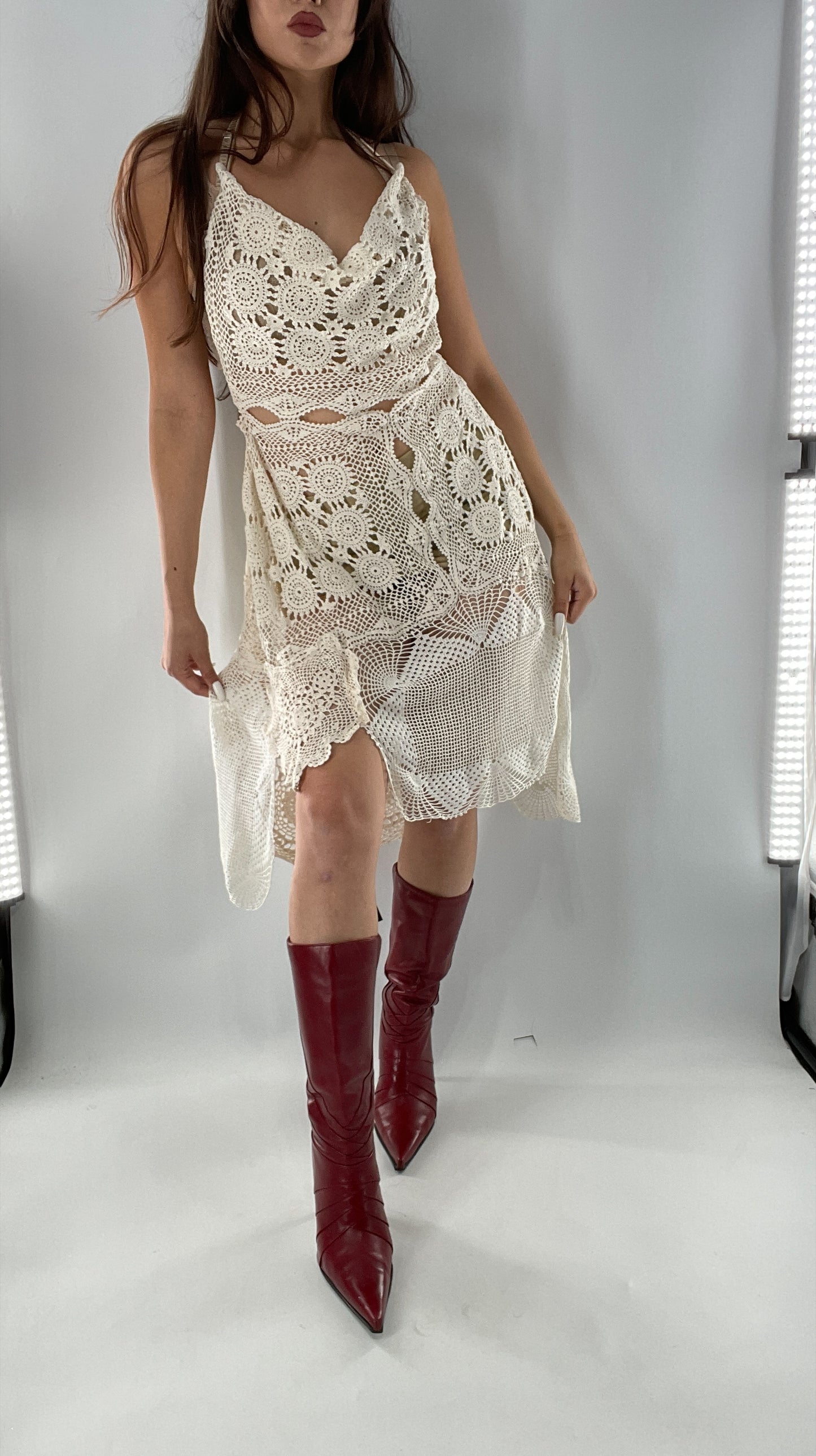 Vintage Handmade Crochet Cottage Adjustable Dress with Open, Low Back (One Size)