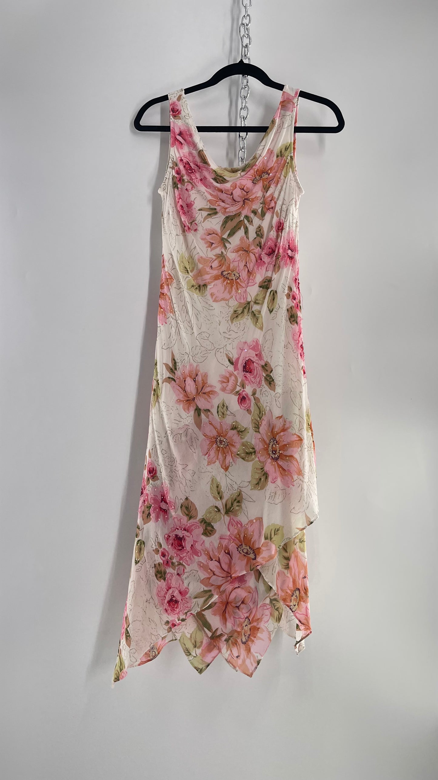 Vintage Eva Blue Pink Floral Draped Neck Sleeveless MIDI with Beading (10)