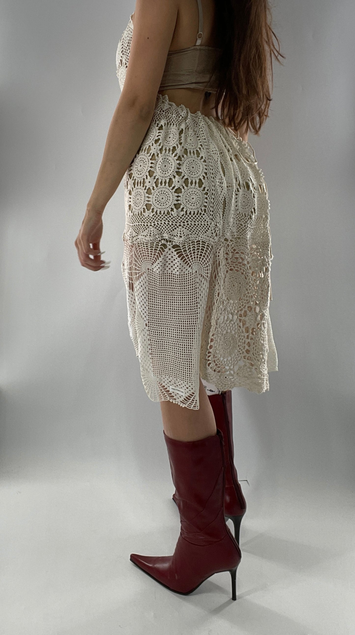 Vintage Handmade Crochet Cottage Adjustable Dress with Open, Low Back (One Size)