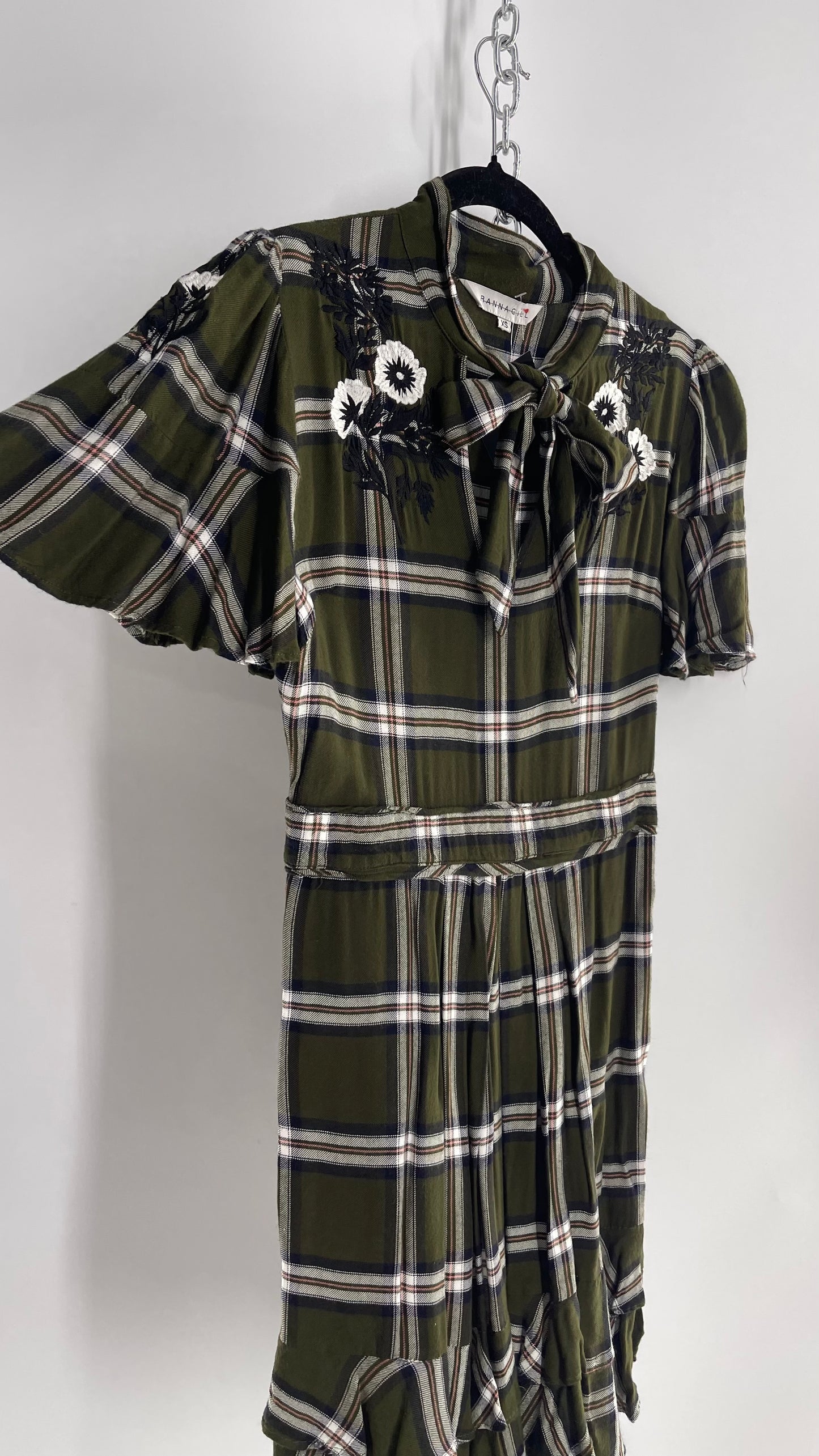 Ranna Gill Anthropologie Army Green Plaid Dress with Floral Embroidery and Bow Tie Detail (XS)
