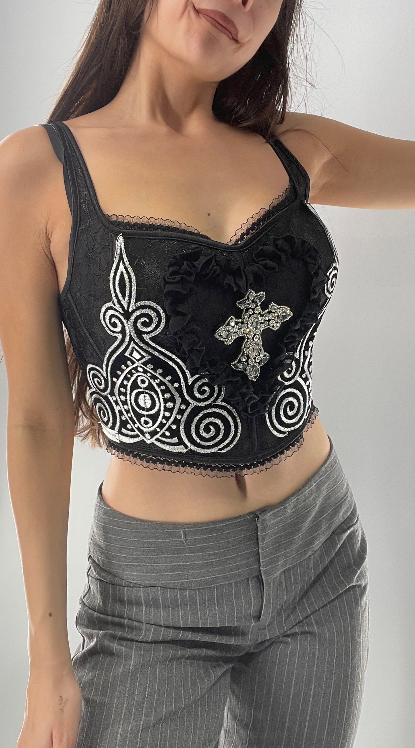 Custom Corset Handmade with Appliqués, Embroidery, Gemstones, Lace and Ruffles (S/M)