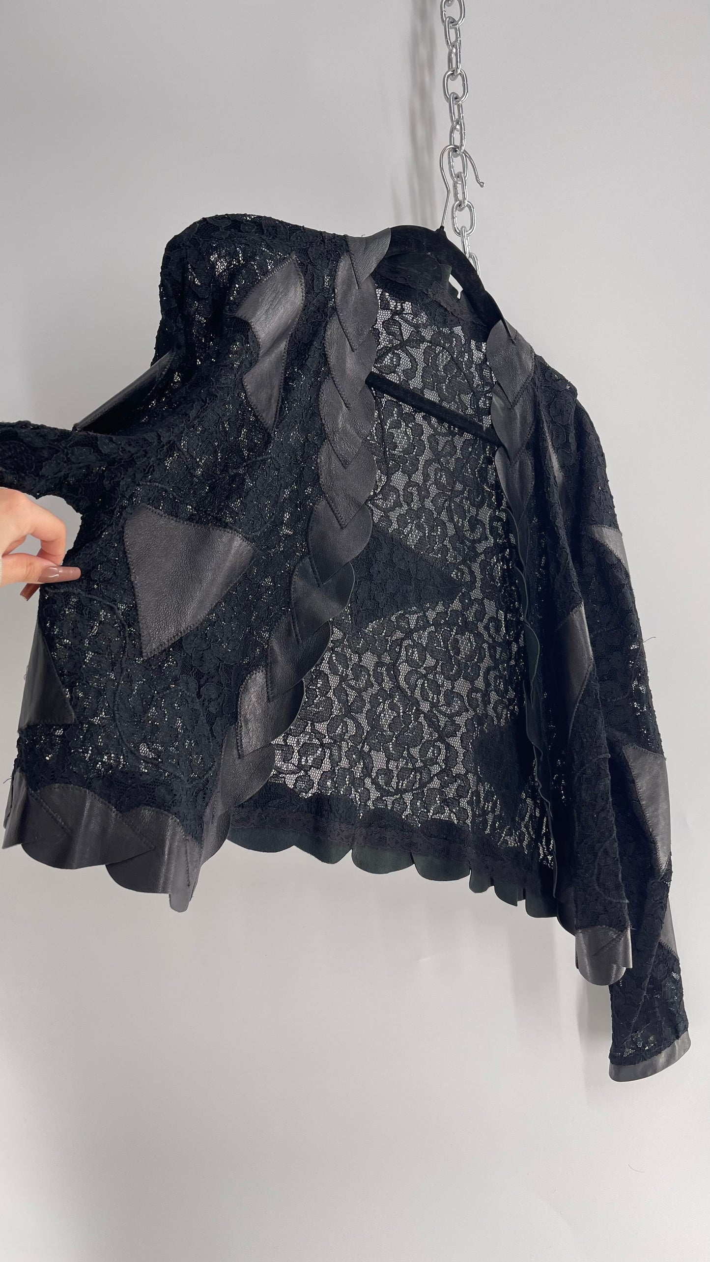 Vintage Black Lace Jacket with Genuine Black Leather Patches and Lining (M/L)
