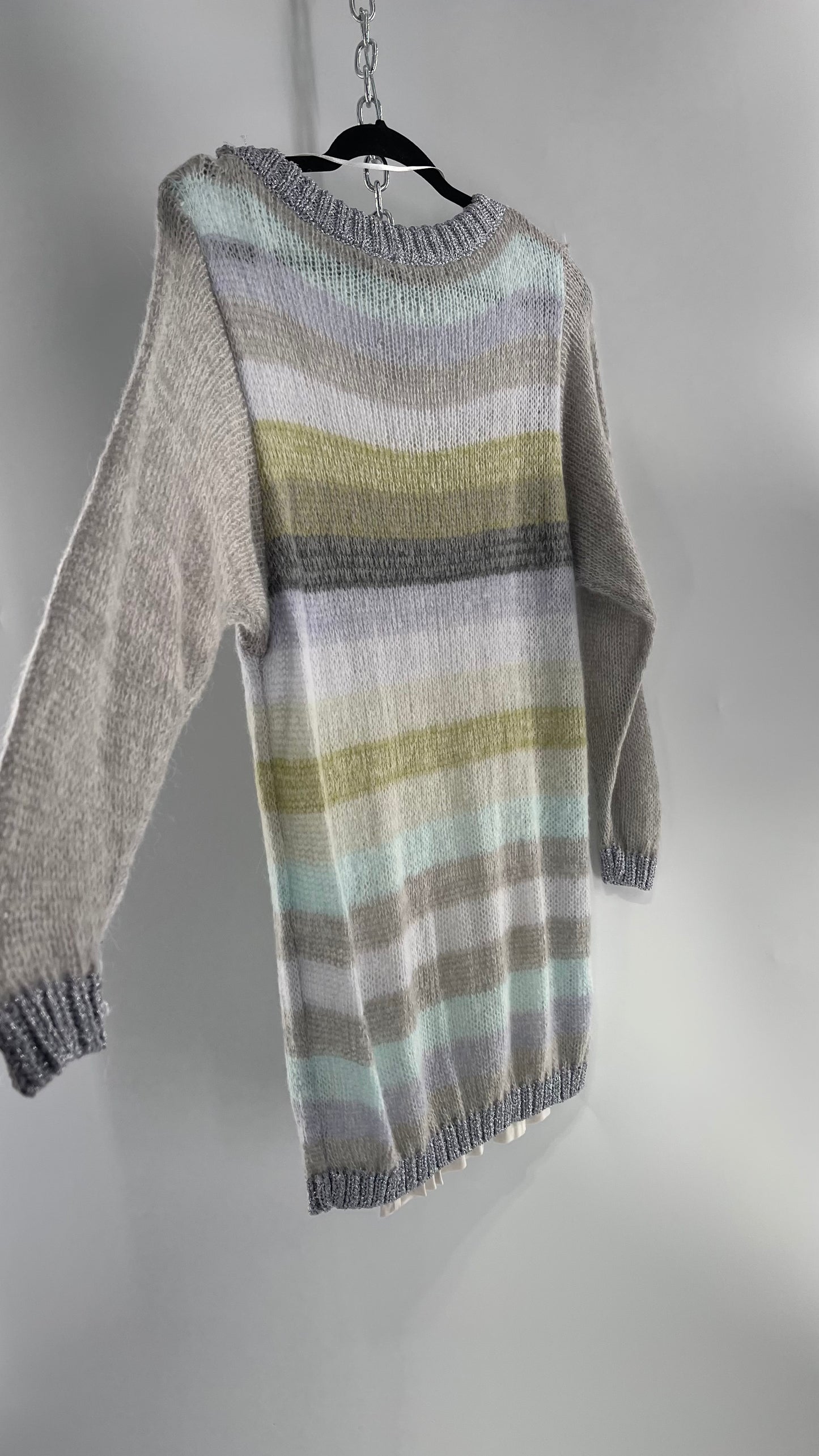 Free People Striped Sweater with Glitter Knit Cuffs and Collar (XS)