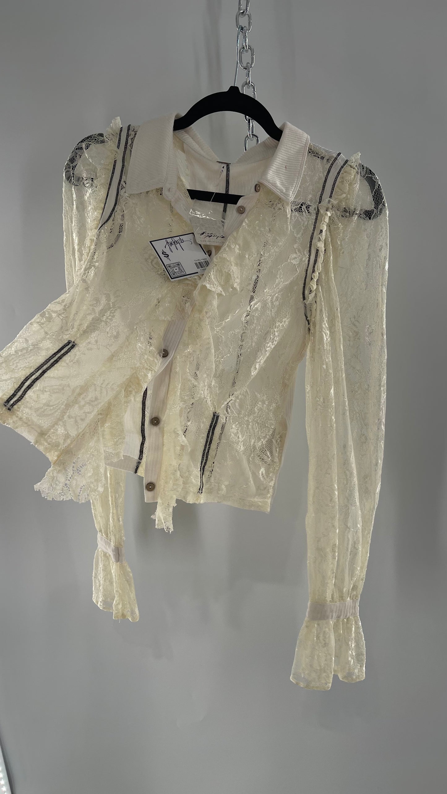 Free People White Lace/Ribbed BodyCon Button Up with Tags Attached (Large)
