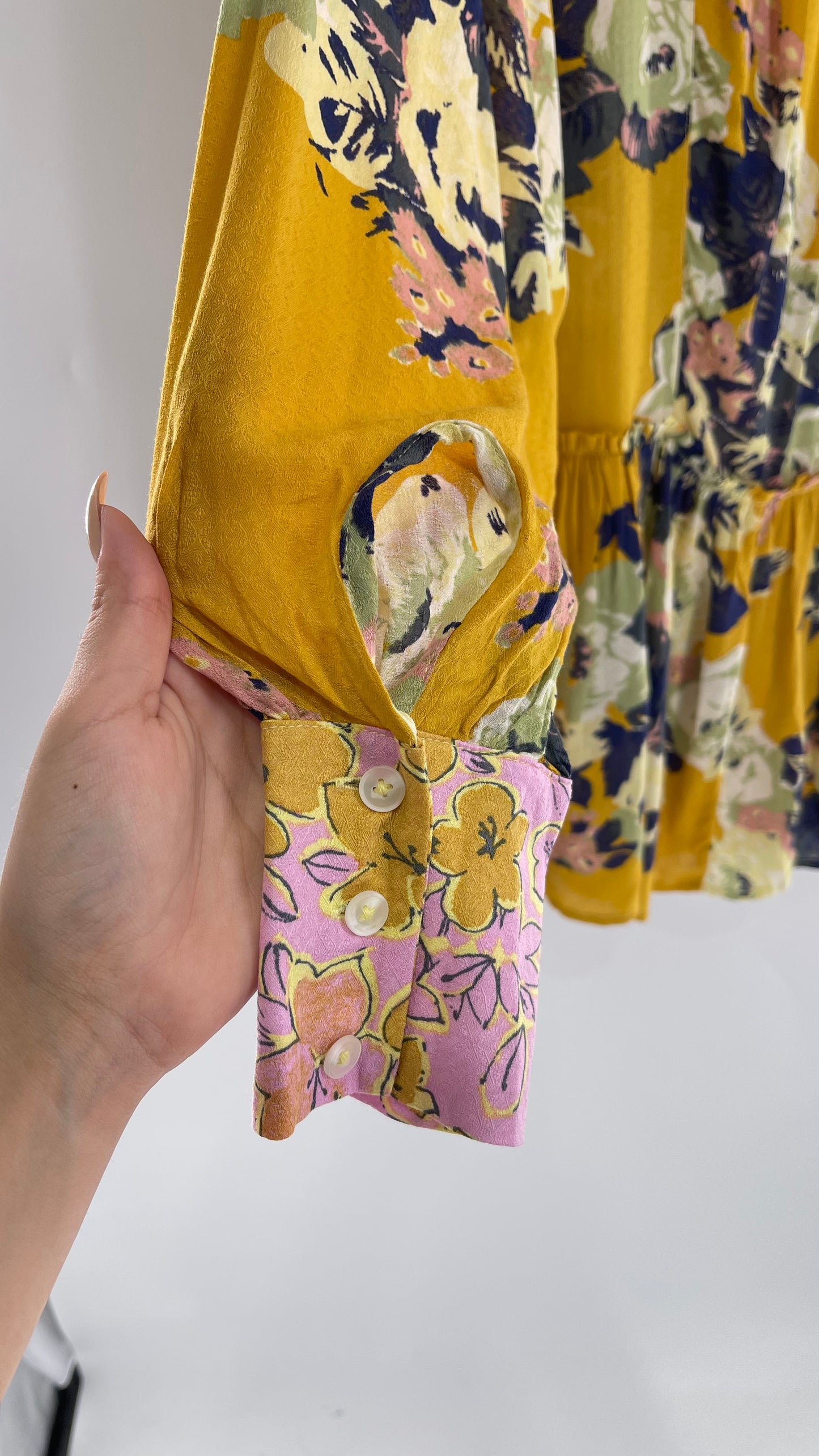 Free People Oversized Button Up Contrast Pattern Yellow Floral Blouse (XS)